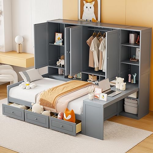 Miniatura 15 de Sofá cama de madera de tamaño matrimonial con armario y estantes todo en uno, marco multifuncional de sofá cama con escritorio convertible y 3