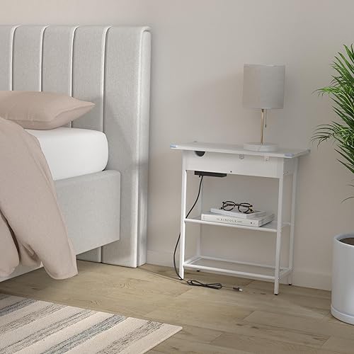 Miniatura 2 de Mesa auxiliar de sofá con puertos USB y tomacorrientes mesa auxiliar estrecha con estante de almacenamiento para espacios pequeños mesita de noche