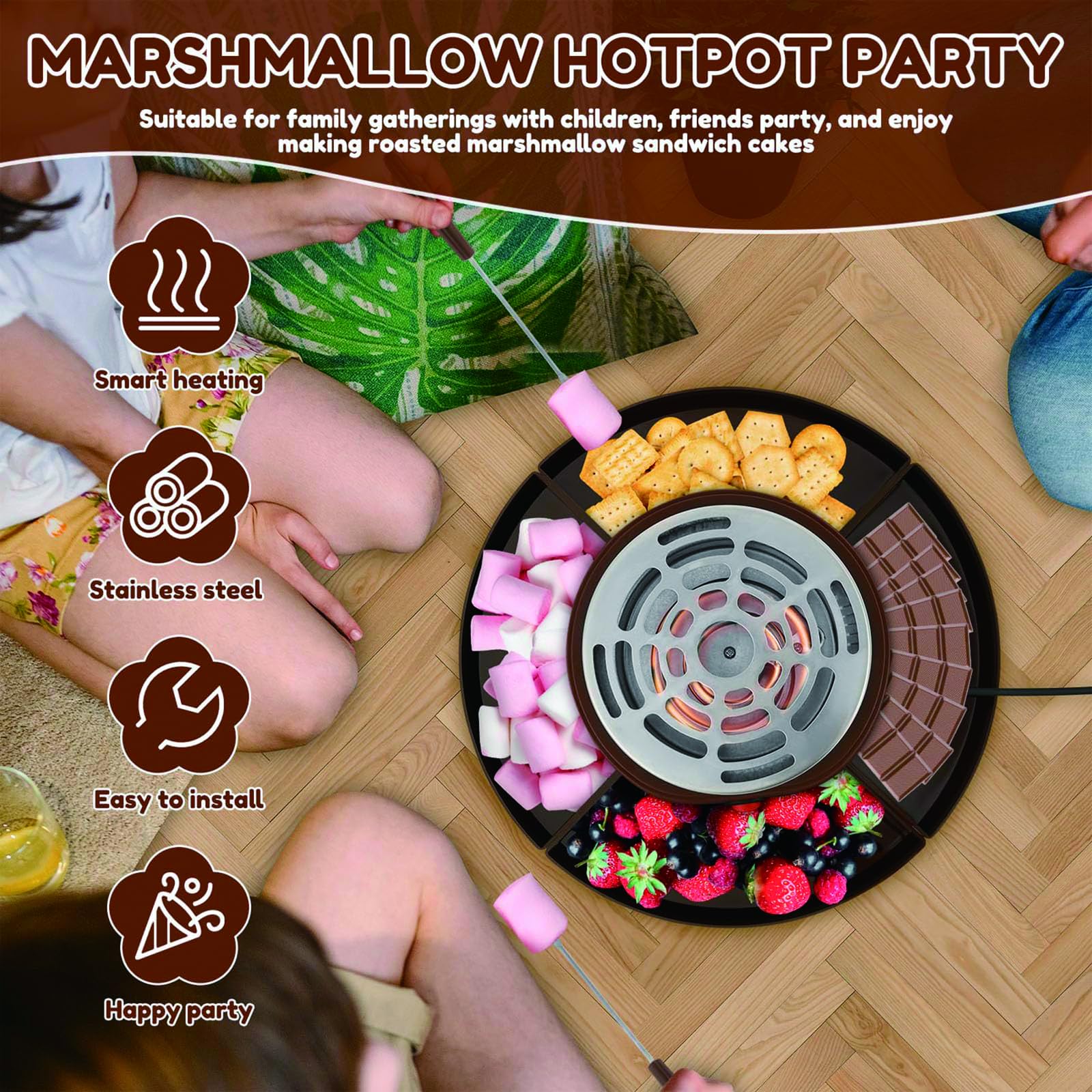2-en-1 S’Mores Maker & Set de Fondue de Chocolate – Asador Eléctrico de Malvaviscos 280W con Temperatura Ajustable & 14 Accesorios, Kit Indoor para Fiestas, Noches de Película & Regalos