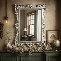 Vintage European Silver Wall Mirror - Ornate Handcrafted Distressed Antique Frame for Living Room, Bedroom, Bathroom Decor