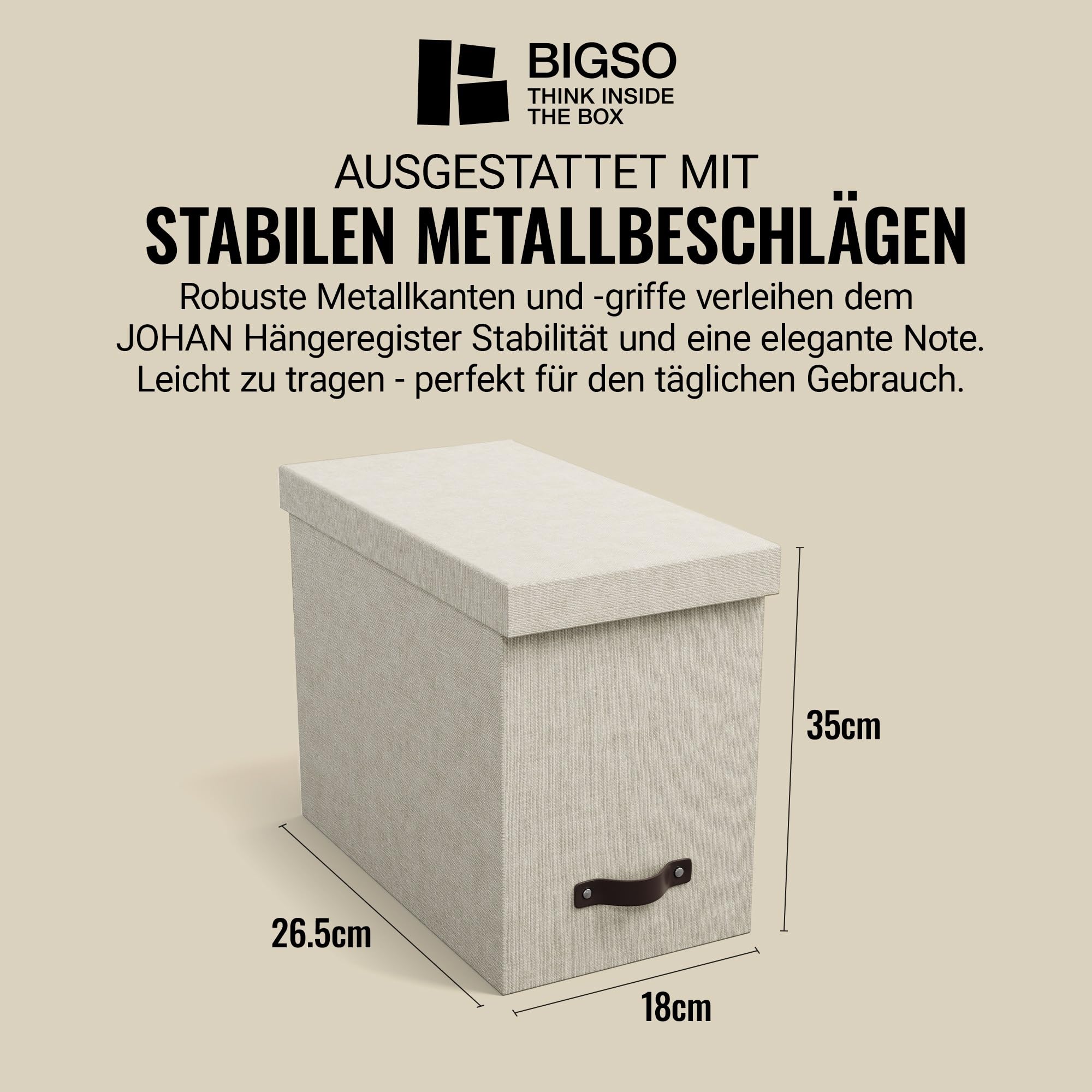 Bigso Box of Sweden Caja archivadora con tapa – Elegante organizador de documentos con 8 carpetas colgantes – Caja clasificadora de tablero de fibras y papel con elegante aspecto de lino – beige