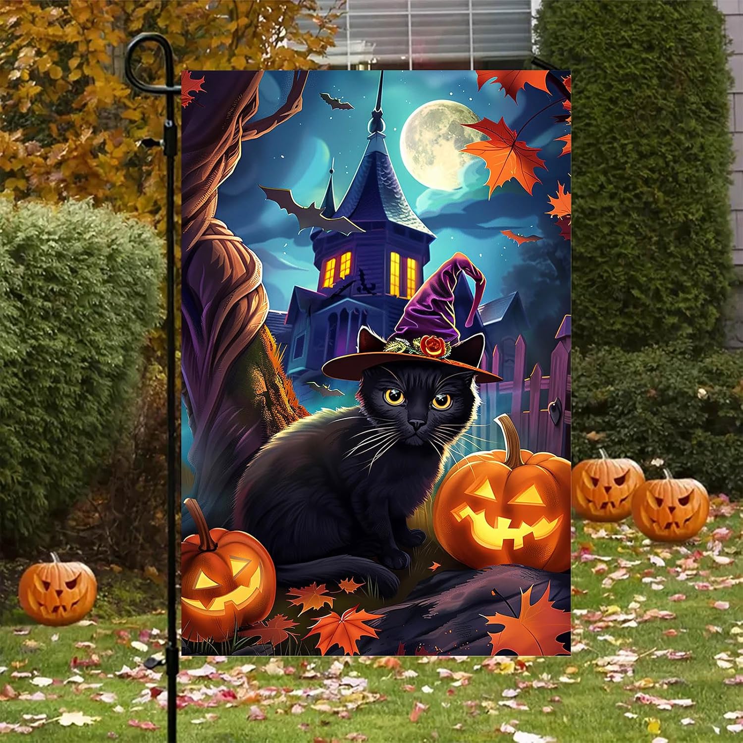 Halloween Black Cat Garden Flag 12x18 Inch Holiday Yard Banner Double Sided Seasonal Outdoor Porch Lawn Decoration Festive House Flag Pumpkin Haunted House Design - Image 7