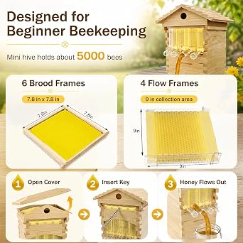 Beginner's Complete Bee Hive Kit, Wooden Beehive Box with Observation Window & Honey Tap, Complete Hive with Frames & Wax Foundation, Flat Pack Beekeeping Kit
