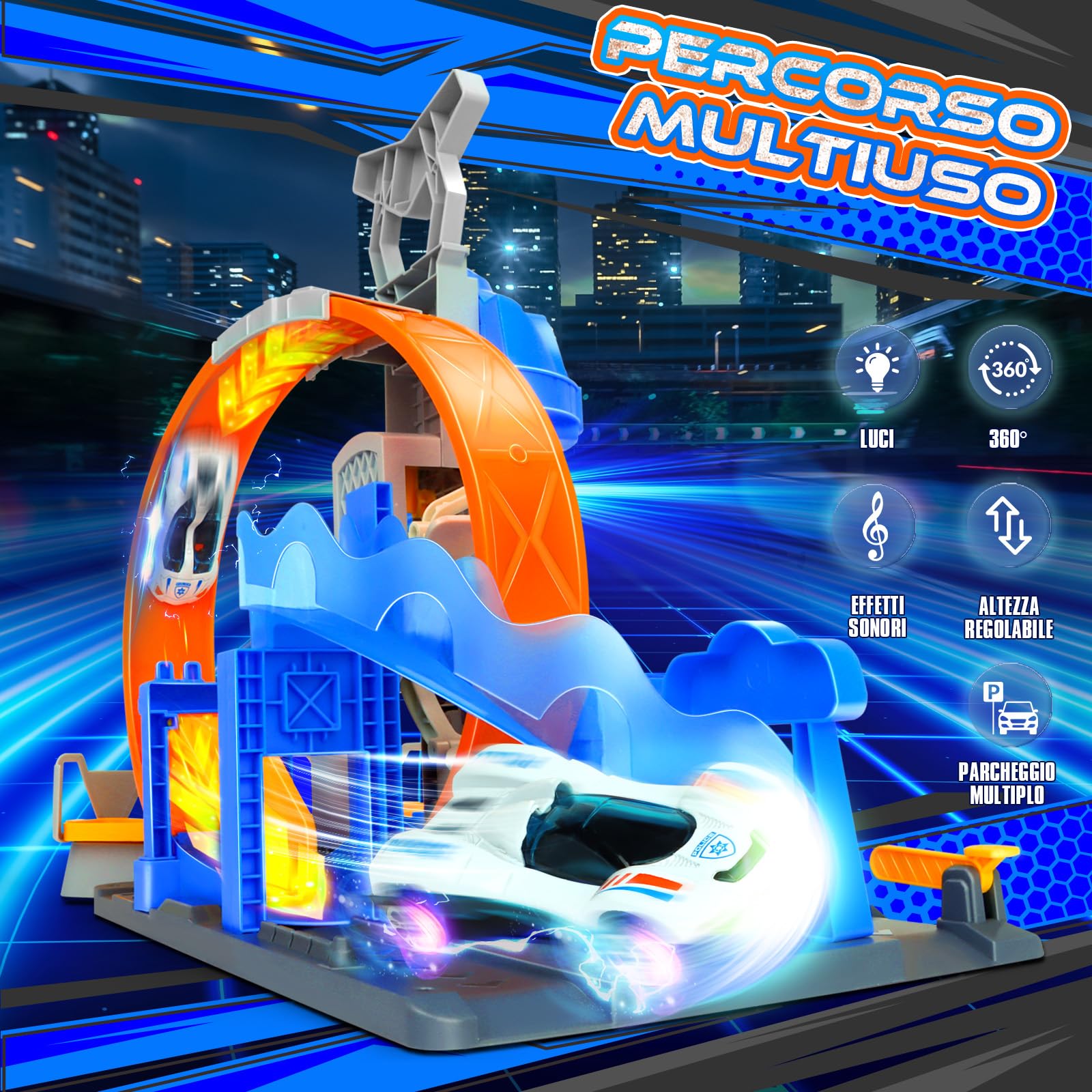 Charmofun City Commissariato di Polizia con Super Loop, Set Pista per Macchinine con 4 Macchinine, 3 Parcheggi, Piste con Ascensore e Luci e Suoni, Circuito a Lancio Giocattolo per Bambini dai 4 Anni