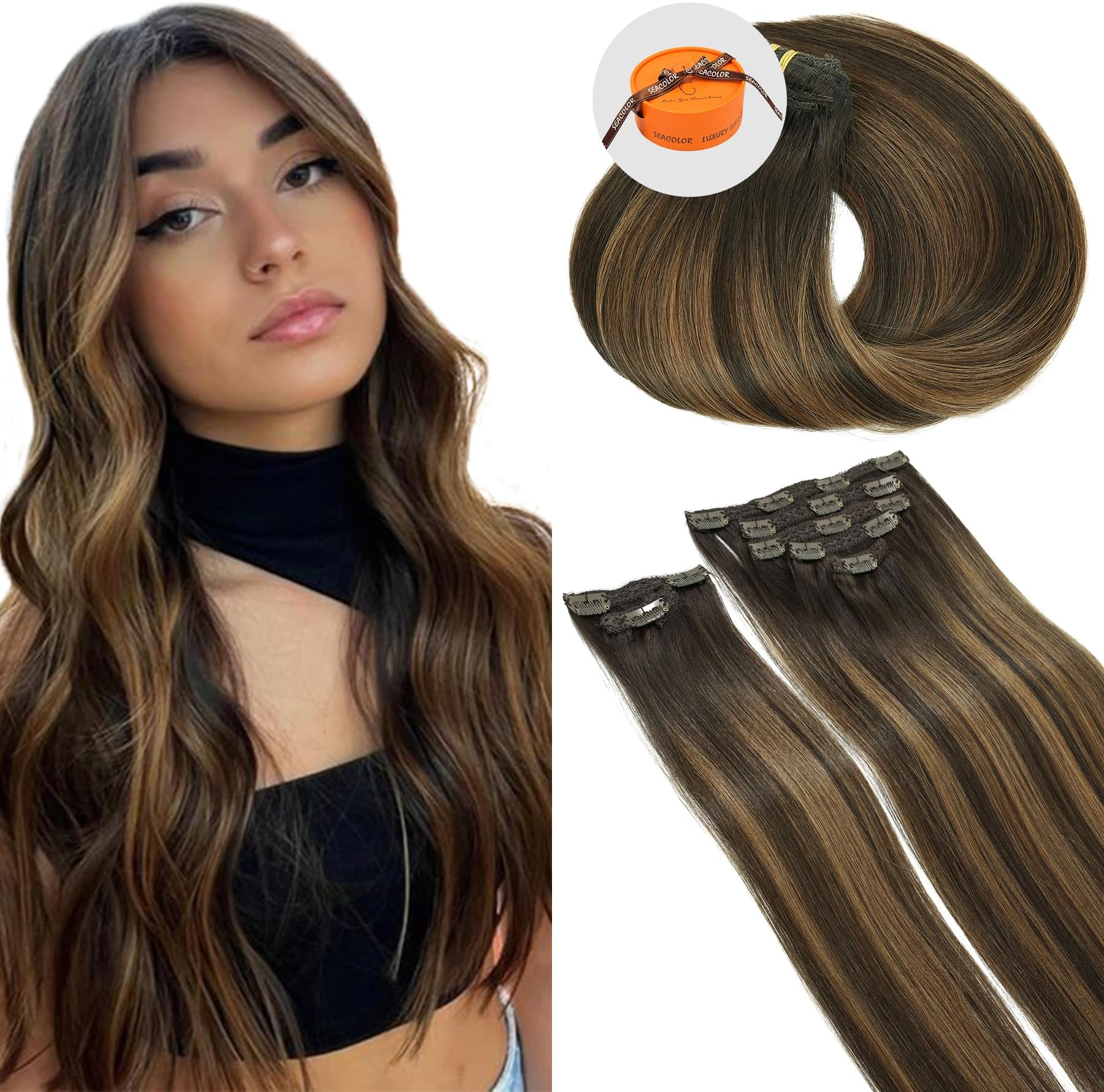 Limited Stock Alert: 18 Inch, 120g Balayage Dark Brown mixed with Chestnut Brown Remy Clip-In Hair Extensions 100% real Human Hair Highlights on Dark Brown Hair #T2/6/2