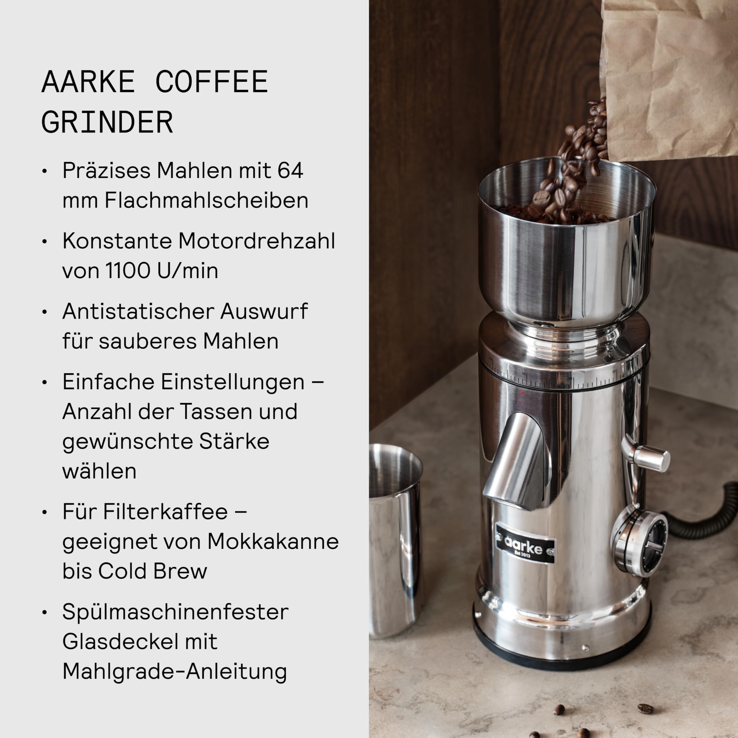 Aarke Kaffeemühle elektrisch – Edelstahl-Kaffeemühle mit einstellbarem Mahlgrad, 64-mm-Mahlscheiben, automatischer Dosierung & Speicherfunktion – für Espresso, Filter & Cold Brew
