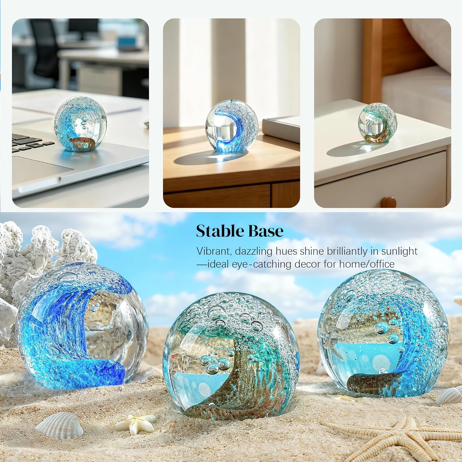 kanpura Sfera in vetro soffiato a mano dell'oceano, peso di carta, decorazione decorativa per casa e ufficio, oggetti da collezione in vetro, ideale per gli amanti dell'oceano (2,3 pollici)