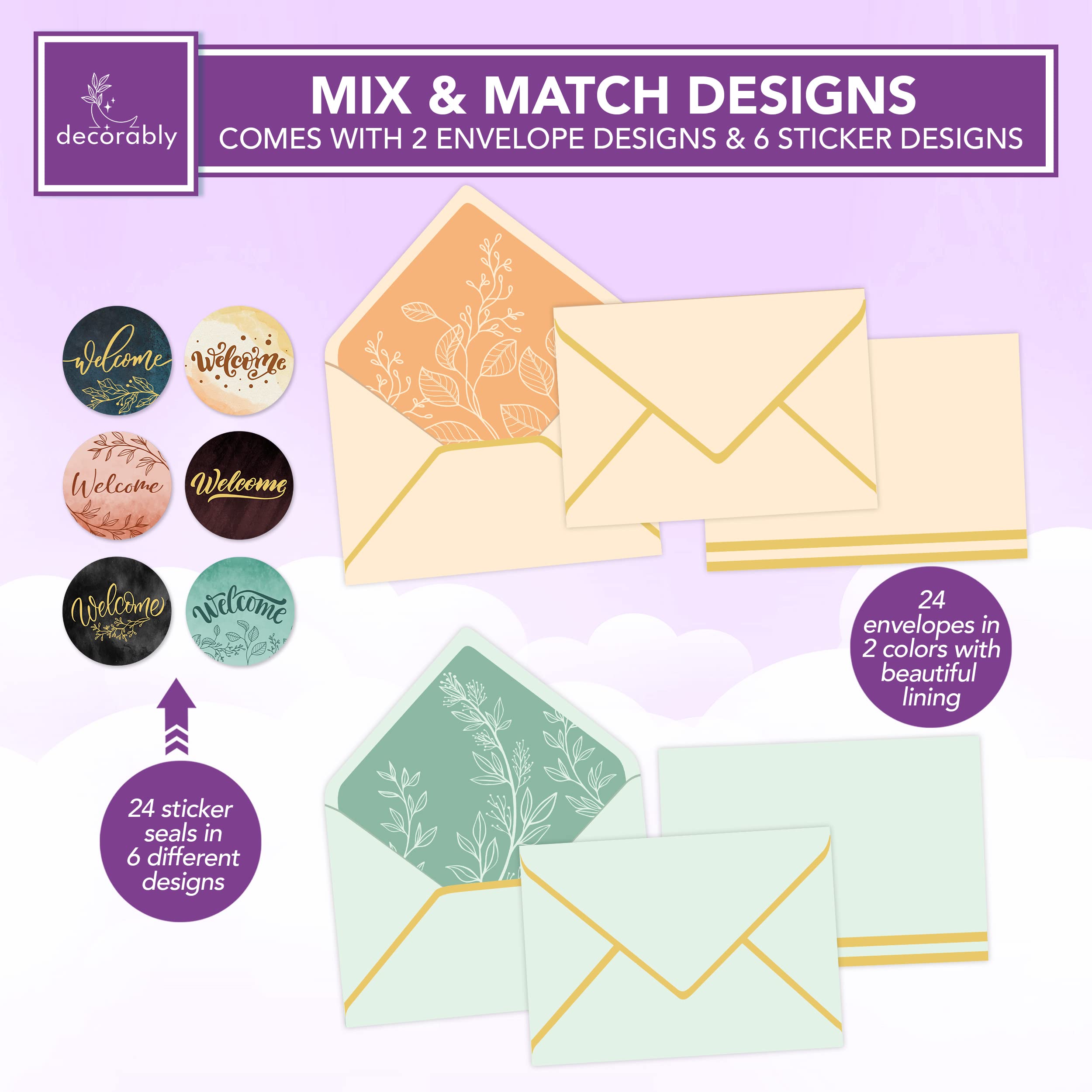 Decorably 24 Pack Gold-Foiled 6x4in Welcome Cards for Guests with Envelopes and Stickers 6 Elegant Designs Welcome Card, Blank Inside - Image 4