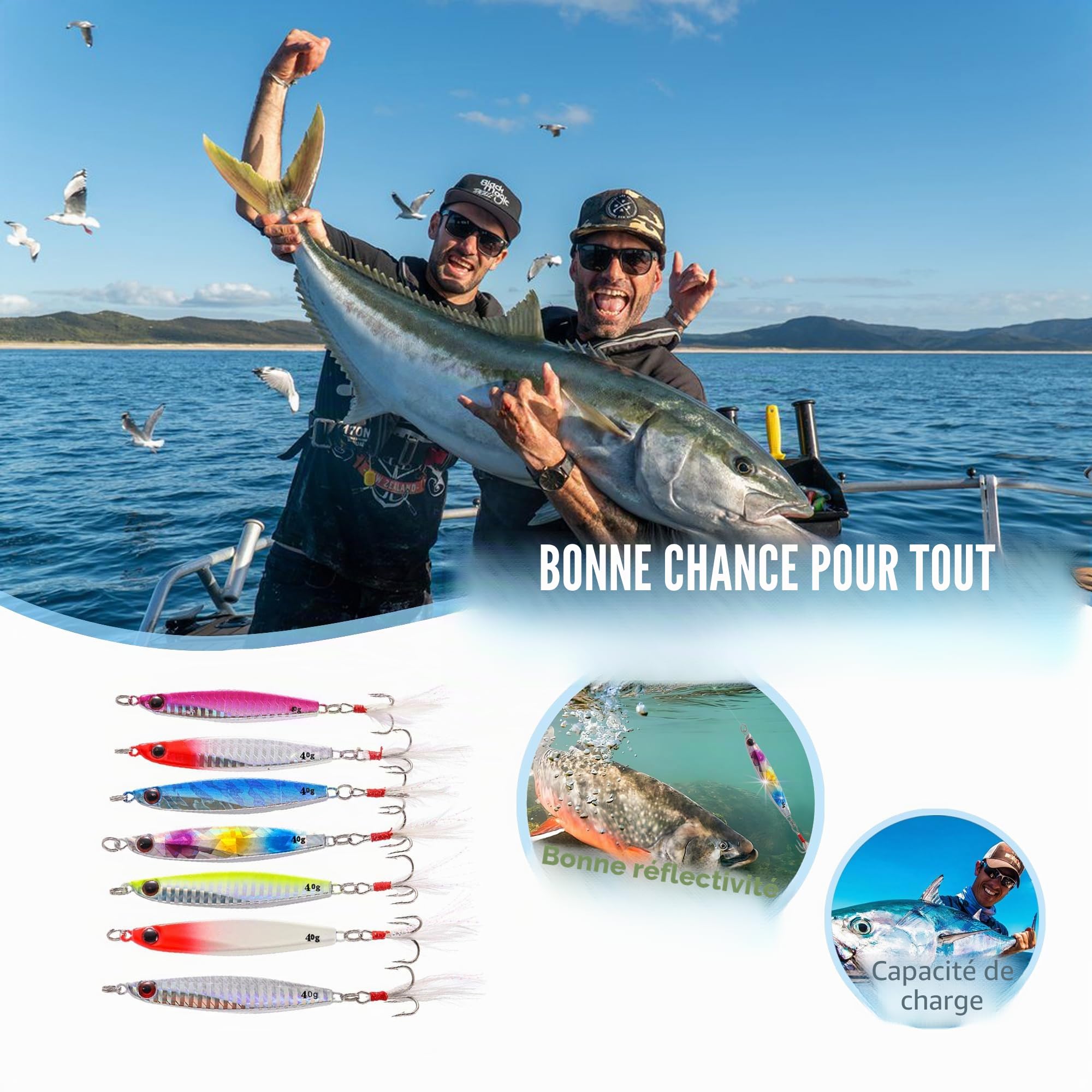 Lot de 7 leurres de pêche en métal Swimbait, Spinnerbait pour eau salée, truite douce, saumon, basse, truite, hameçon triple 40 g