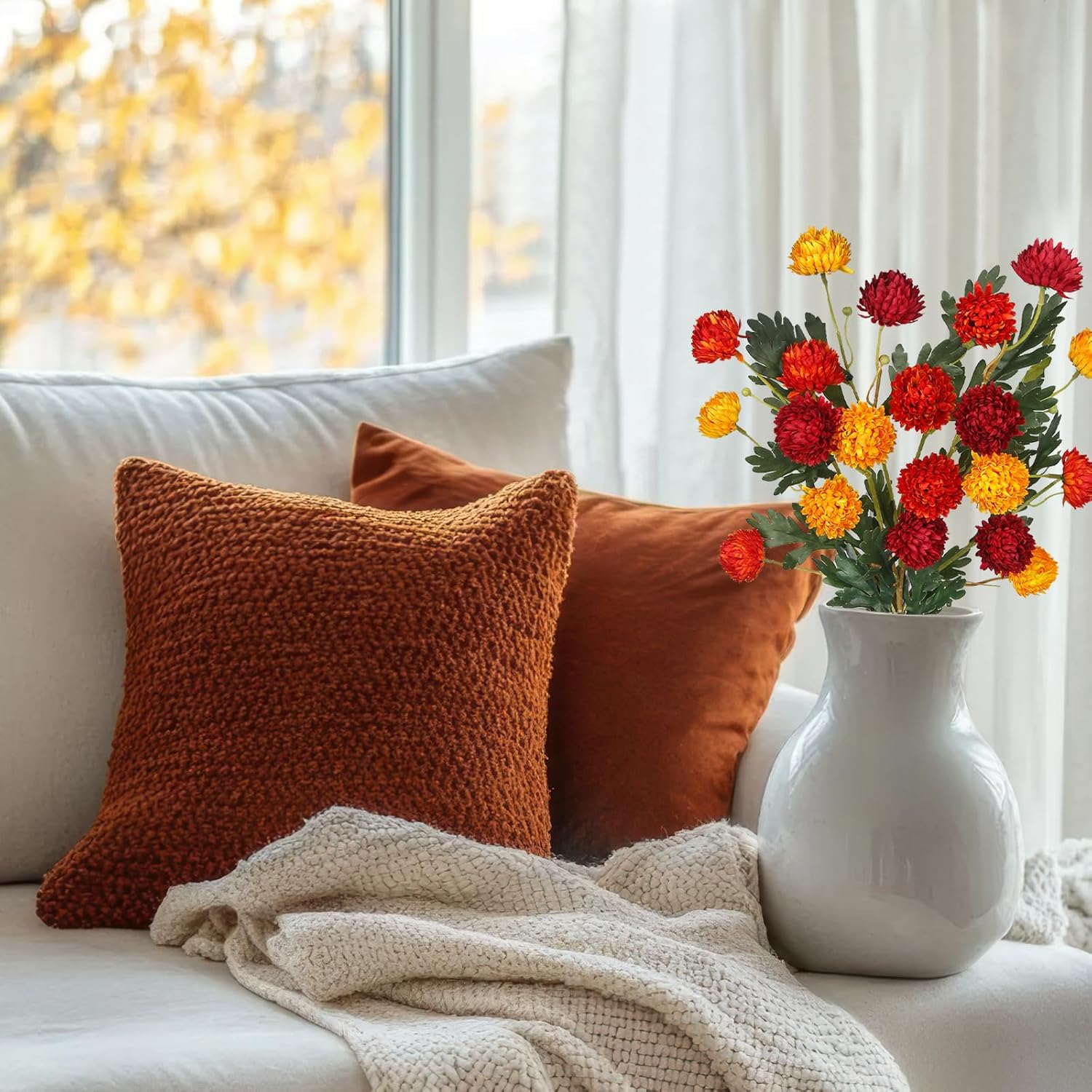 3 Pcs Fall Fake Mums Fall Flowers Artificial for Decoration Faux Kiku Flowers Burnt Orange Autumn Floral Stems Pom Pom Silk Mums Balls for Vase Home Decor Centerpiece Arrangement Halloween - Image 7