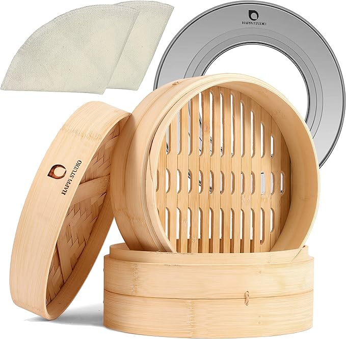 HAPPI STUDIO bamboo steamer with deep baskets and stainless steel ring
