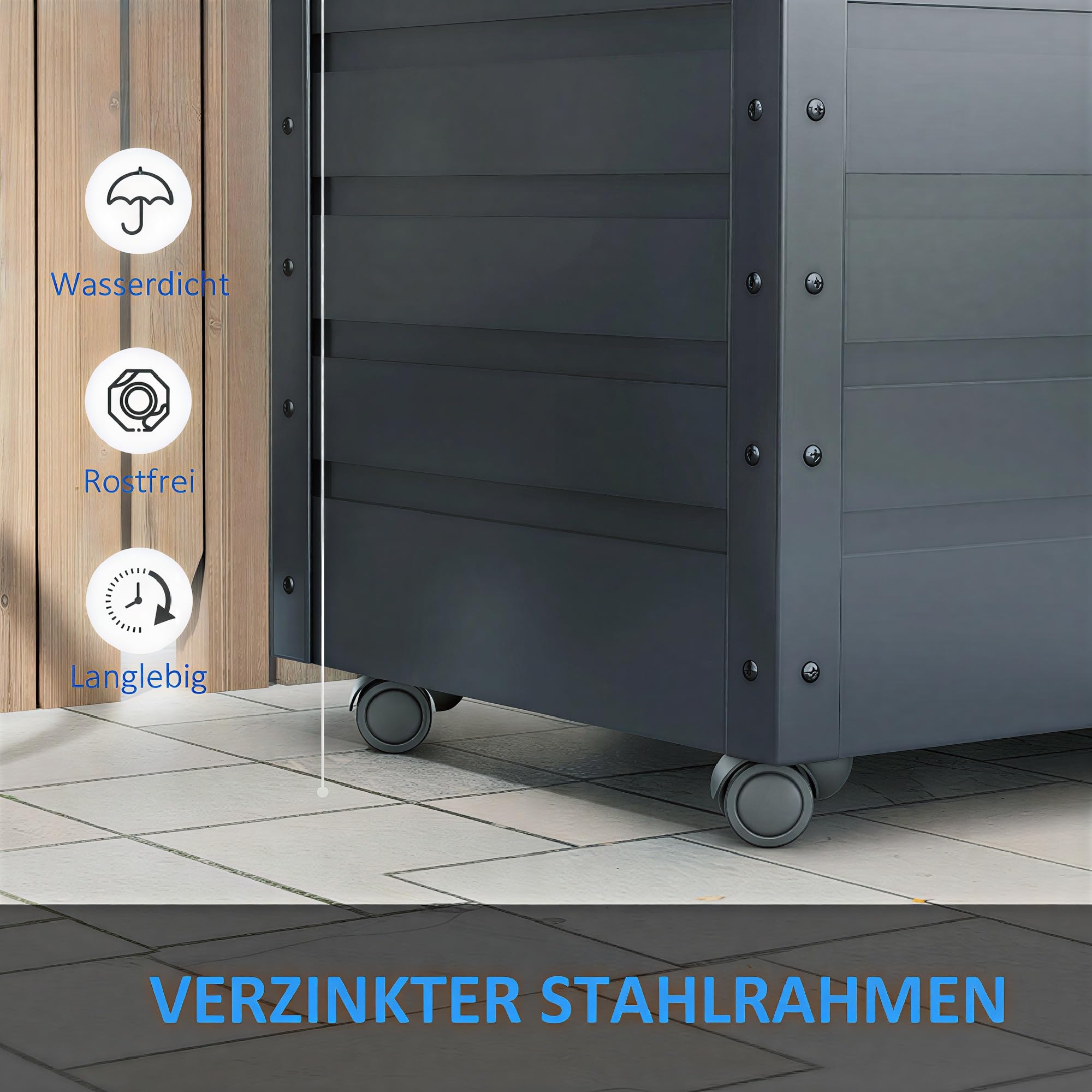 Outsunny Gartenbox Metall 295 Liter Wasserdicht 100 x 62cm Dunkelgrau | Abschließbar, Mit Griffen und Rollen, Auflagenbox, Gartentruhe, Outdoor Wetterfest, Für Balkon Garten, Kissenbox