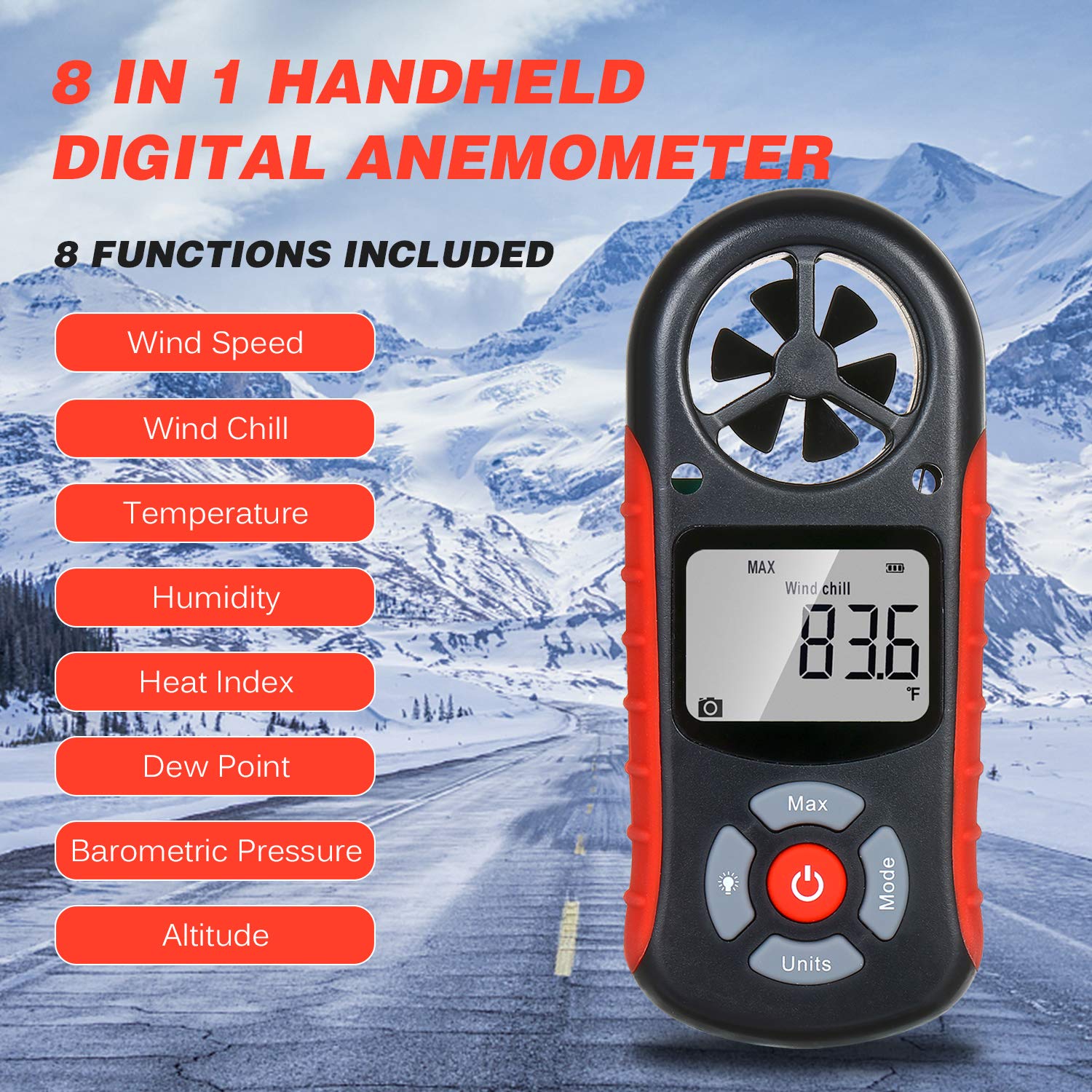 Irfora 8-in-1-Handheld-Digitalanemometer Windgeschwindigkeit/Windkälte/Temperatur/Luftfeucgkeit/Wärmeindex/Taupunkt/Luftdruck/Höhenmesser Digitaler Meteorograph mit
