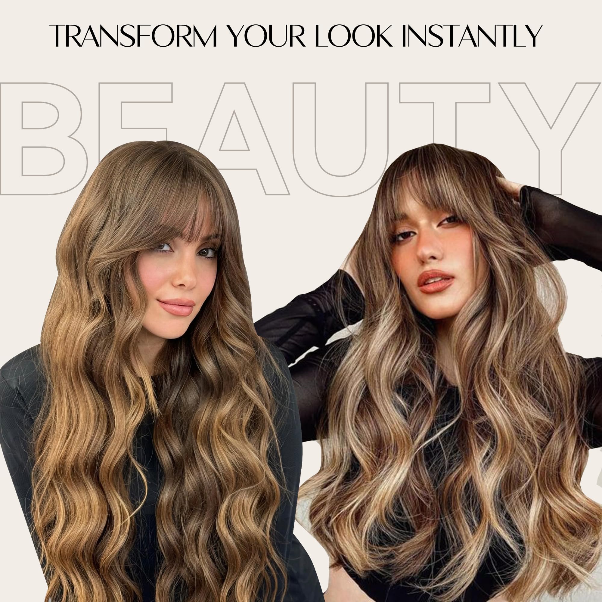 Hair Toppers para mujer: 20 rizado ondulado, rubio miel y marrón claro sintético clip en pelo con flequillo y volumen 7