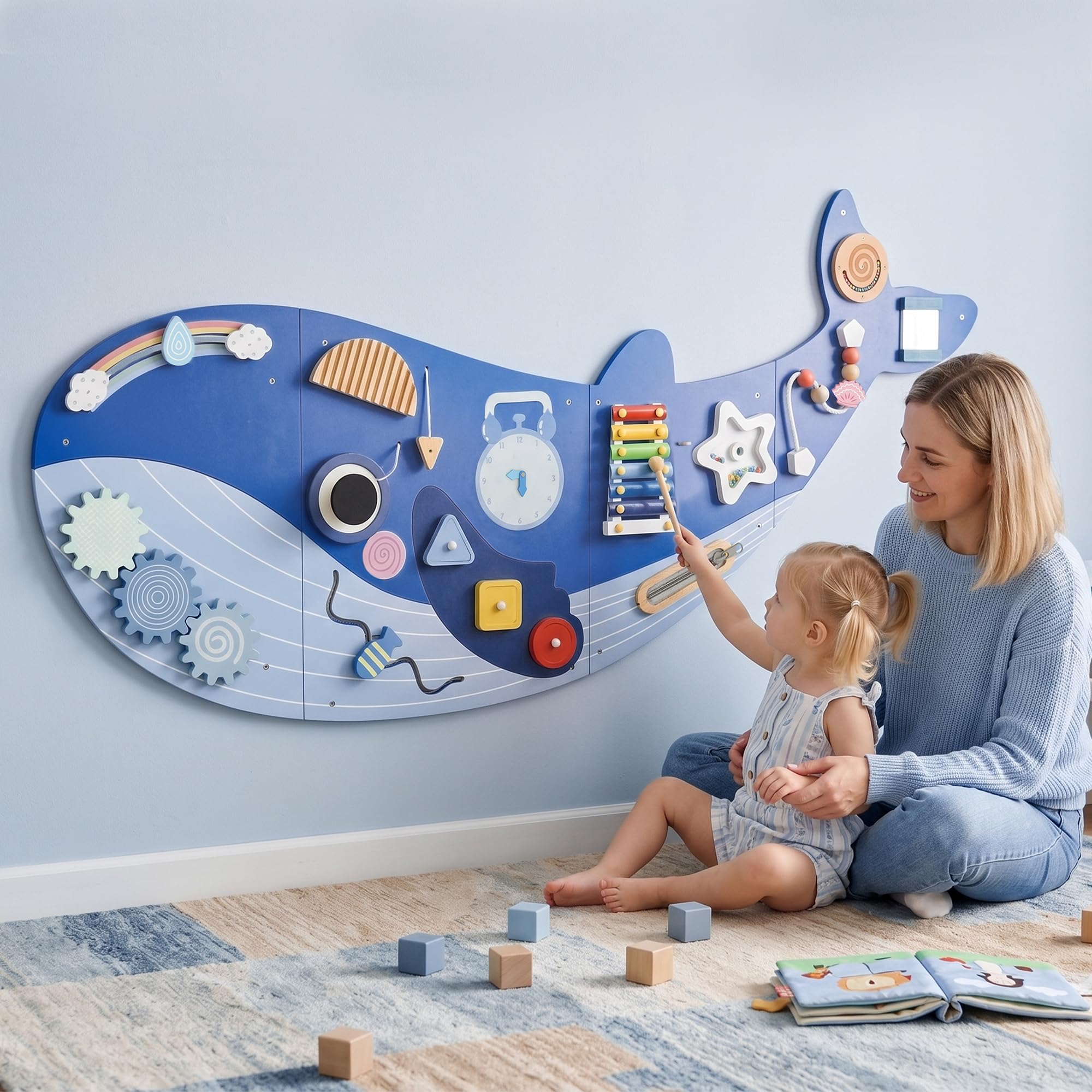 AIYAPLAY Busy Board Montessori in Legno 13 in 1 per Bambini da 2 Anni, Blu | Pannello Sensoriale da Parete a Tema Balena, con Ingranaggi, Percorsi con Perline, Orologio, Attività Musicali