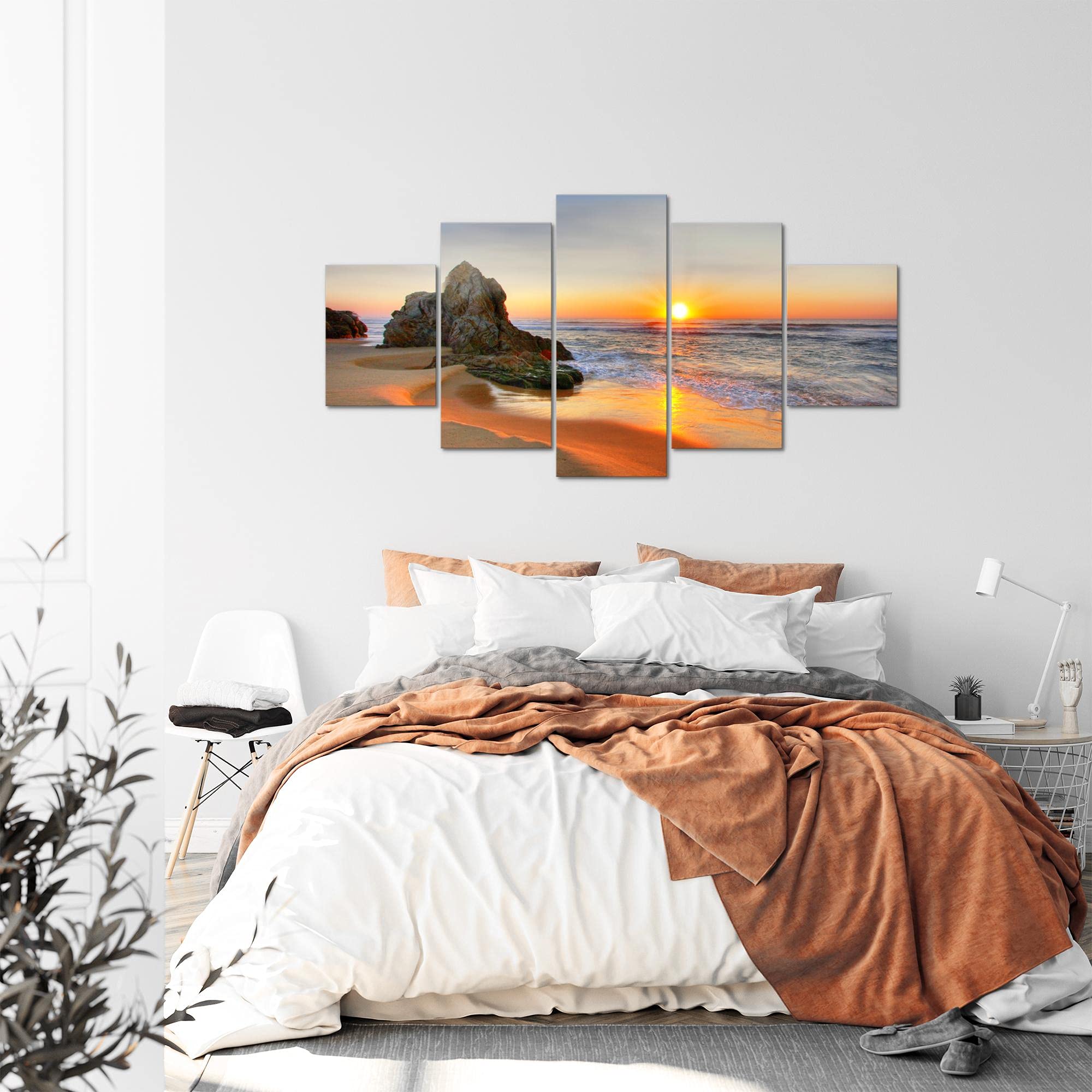 Runa Art - Cuadros Decorativos Amanecer Playa 200 x 100 cm 5 Piezas XXL Decoracion de Pared Diseño Naranja 609551a