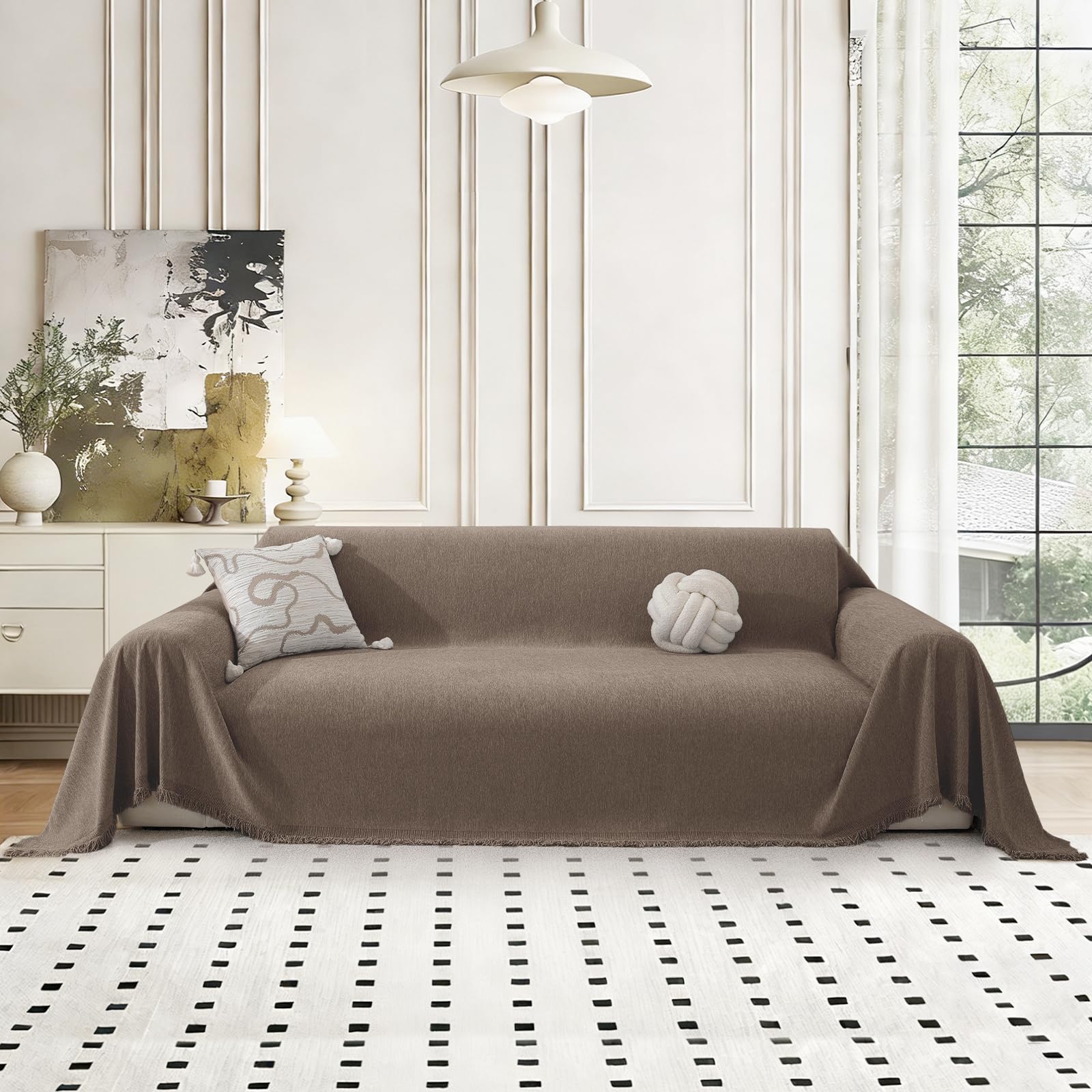 MAXIJIN Chenille Couch Cover for 2 3 4 Seater, Washable L-Shaped Corner Sofa Cover, All-Season Sofa Covers for Dogs, Pet Throw Blankets with Tassel Couch Protector Covers (Coffee, 180 * 300 cm) โ image 1