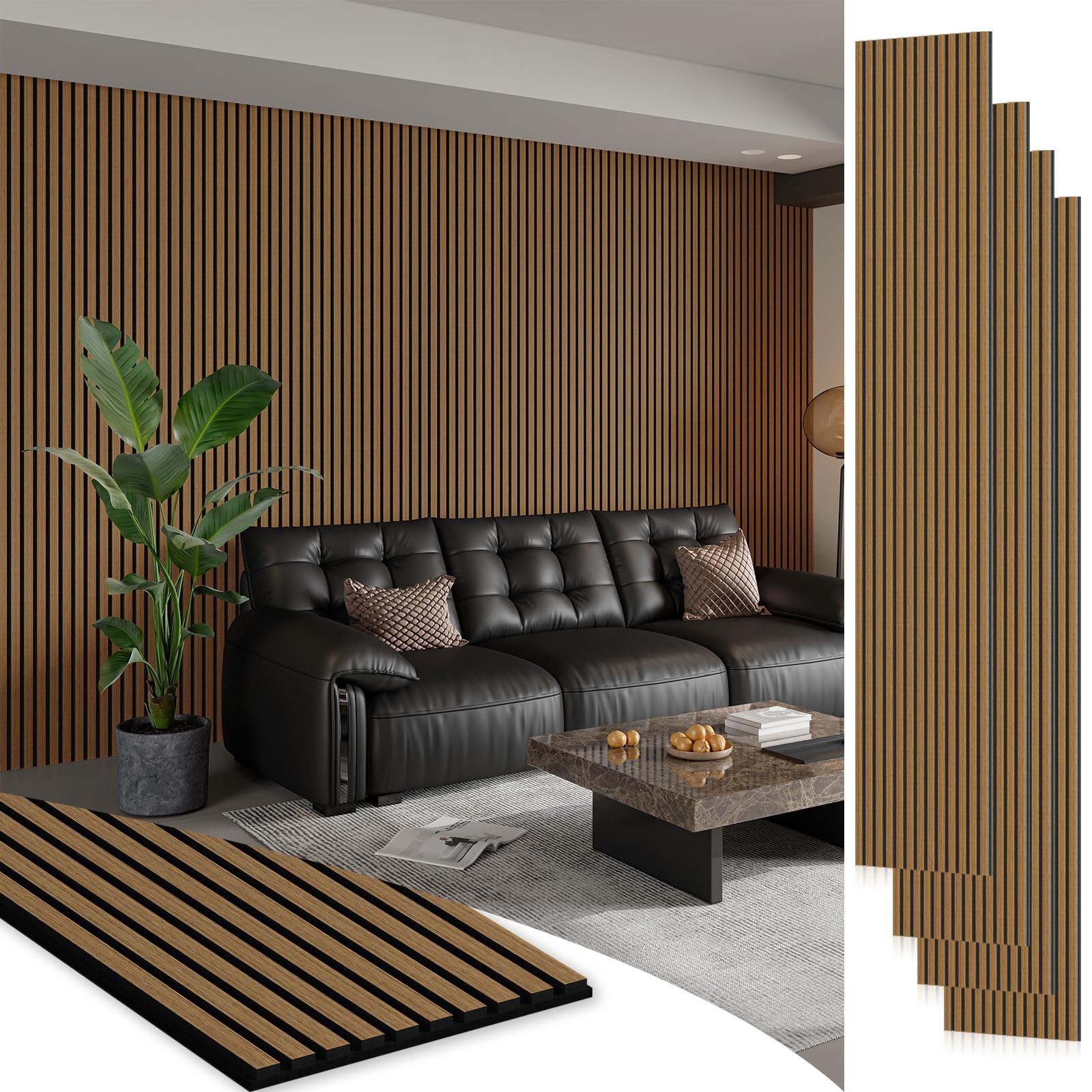 smartstandard 4 pack 105.9" x 12.6" wood slat wall panels, soundproof wooden wall panels, 3d fluted wood panels for interior wall decor, classic oak