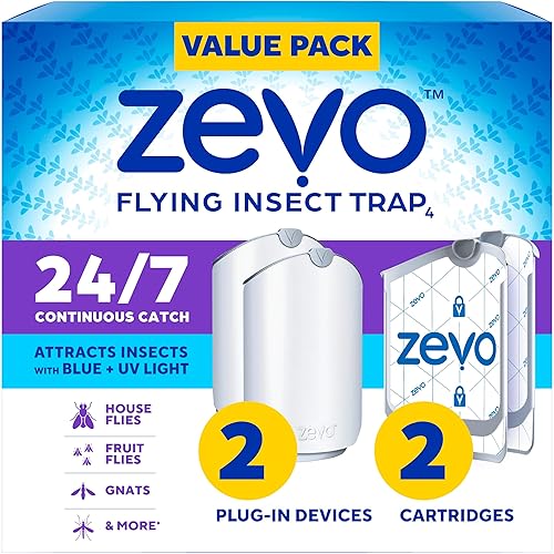 Zevo 2 trampas para insectos voladores y 2 cartuchos de recarga. Trampa para moscas enchufable y atrapa insectos de interior para mosquitos, moscas