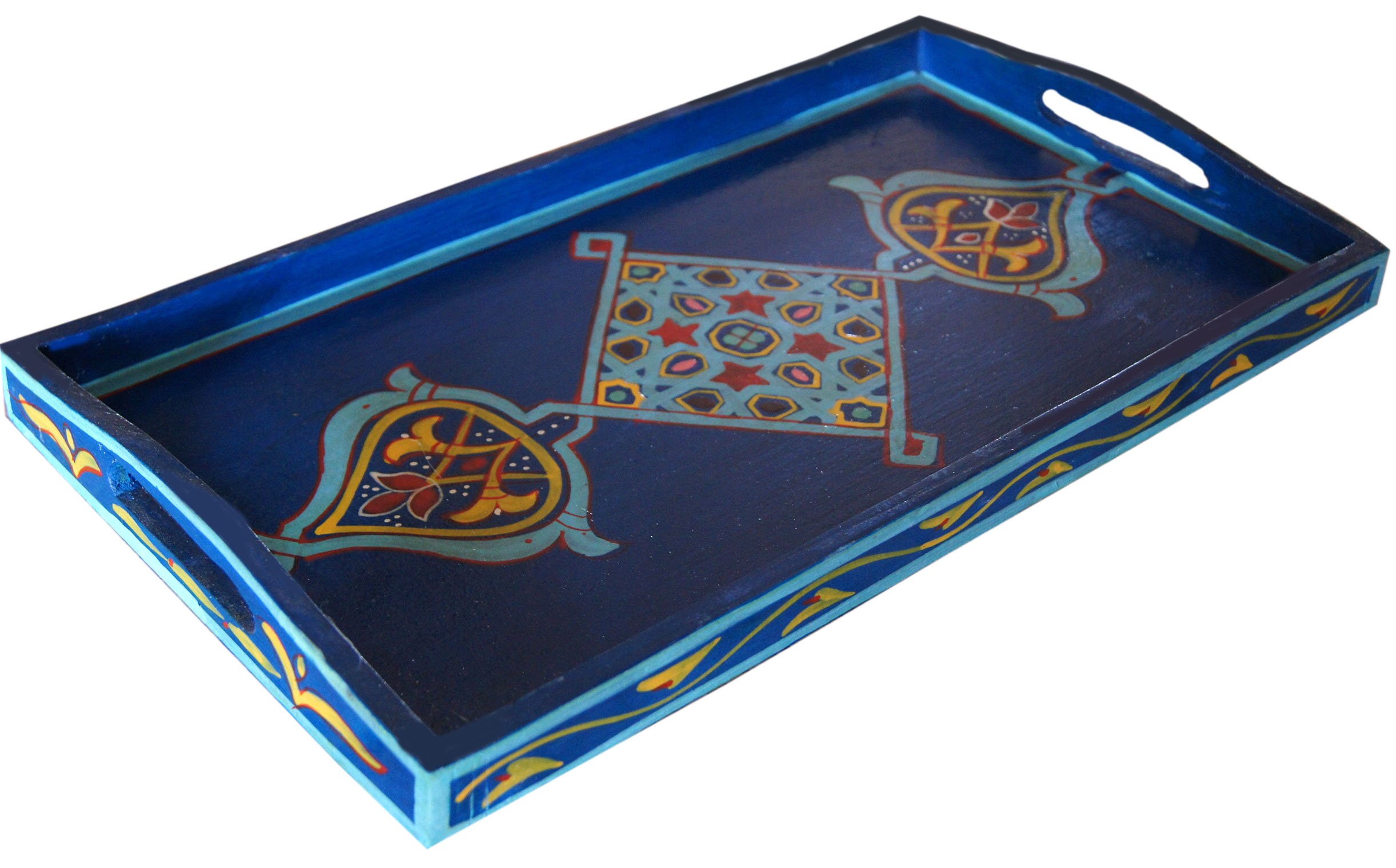 Handmade Moroccan Wood Tray Serving Painted Decorative with Handle for Tea Coffee Breakfast in Bed