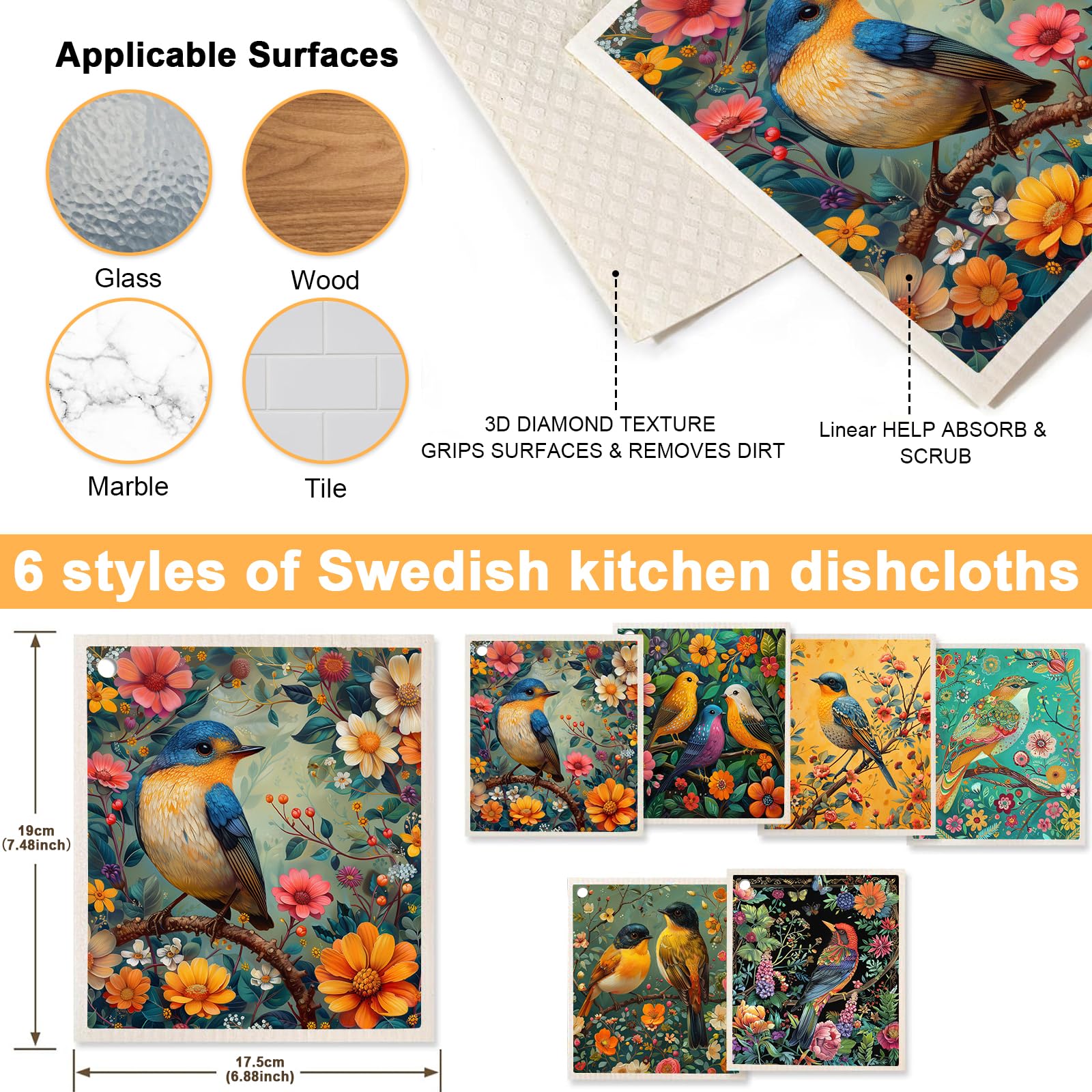 Paquete de 6 paños de cocina suecos para cocina, reutilizables, toallas de papel, lavables, absorbentes de celulosa, toallitas de esponja de secado rápido, paños de cocina decorativos, sin olor,