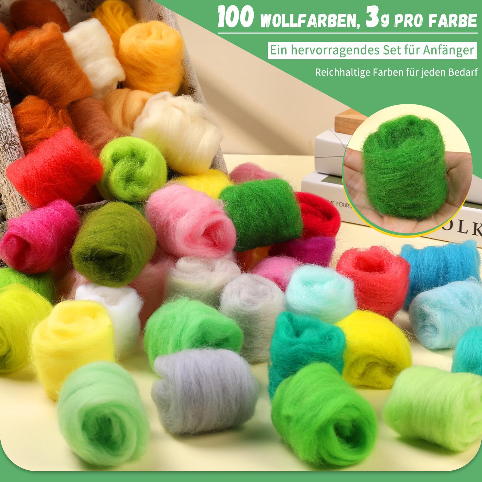Juego de lana de fieltro de 100 colores – 300 g de lana de oveja para fieltro húmedo y seco | Premium lana merino para tejer, fieltro con fibras naturales