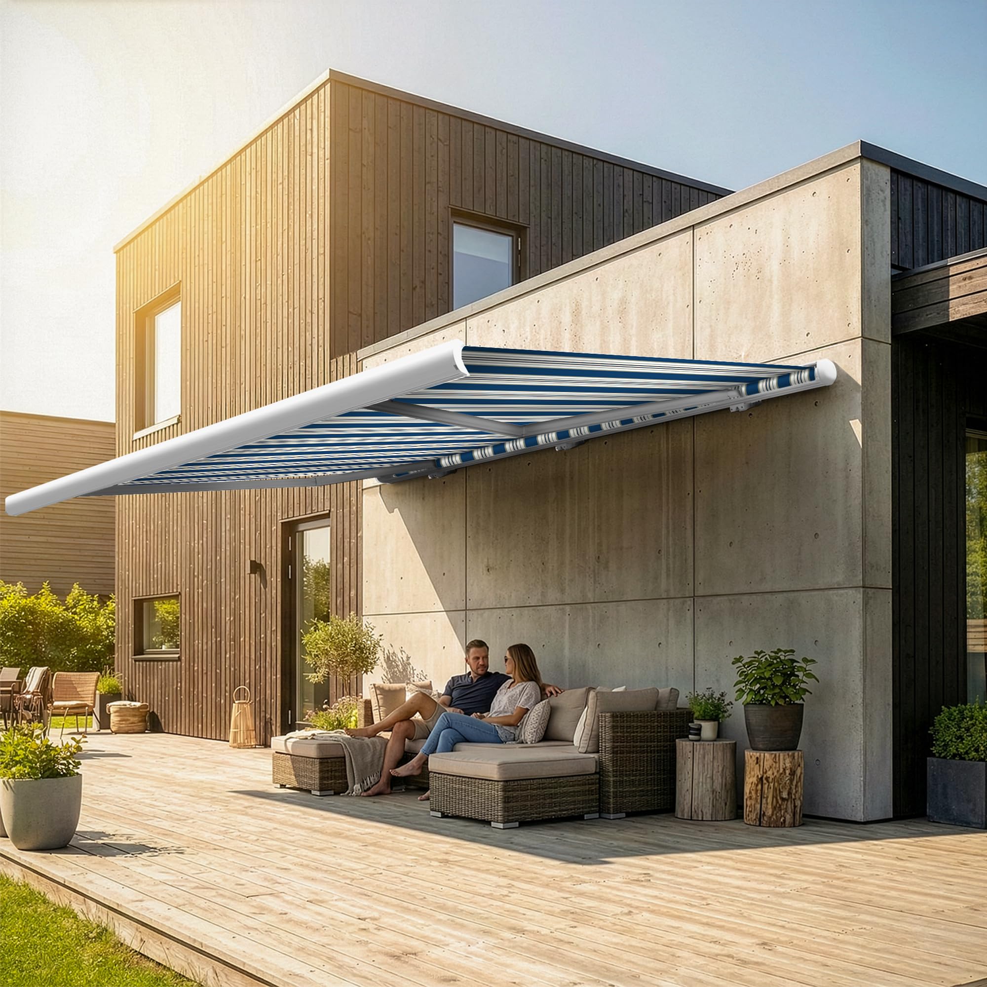 Eclipse Vollkassettenmarkise Premium elektrisch 4x3m Markise Balkon Terrassenüberdachung Kassettenmarkise Gelenkarm Polyacryltuch UV-Schutz 50+ Smarthome-fähiger Dooya Motor, Markisentuch: Meer