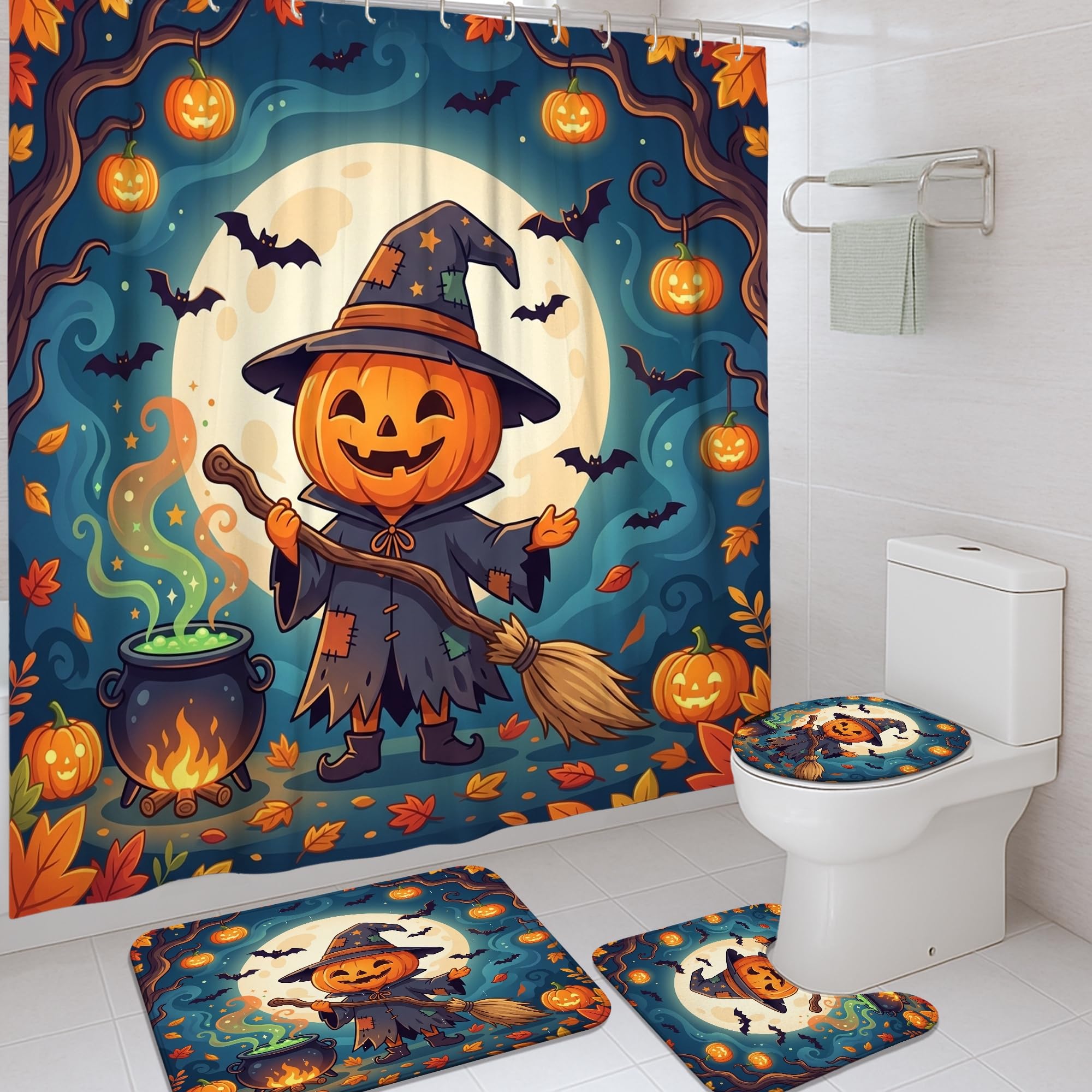 Rideau de douche Halloween en toile orange avec tapis de bain 183x183 cm