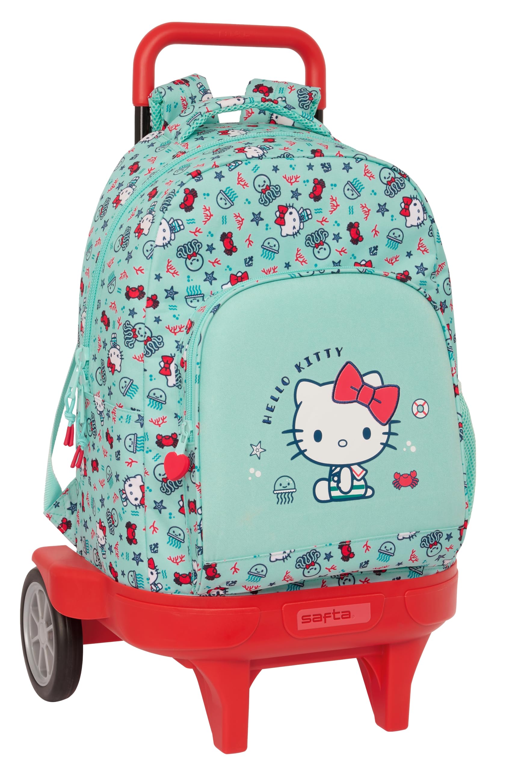 Safta HELLO KITTY SEA LOVERS - Mochila Grande con Ruedas, Compact Evolución, Extraíble, Ideal para Niños de Diferentes Edades, Cómoda y Versátil, Calidad y Resistencia, 33x22x45 cm, Color Turquesa