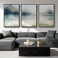 Cuspin 3-Piece Framed Blue Watercolor Abstract Lake Mountain Landscape Wall Art, 24x36 Large Canvas Prints for Living Room Office Decor