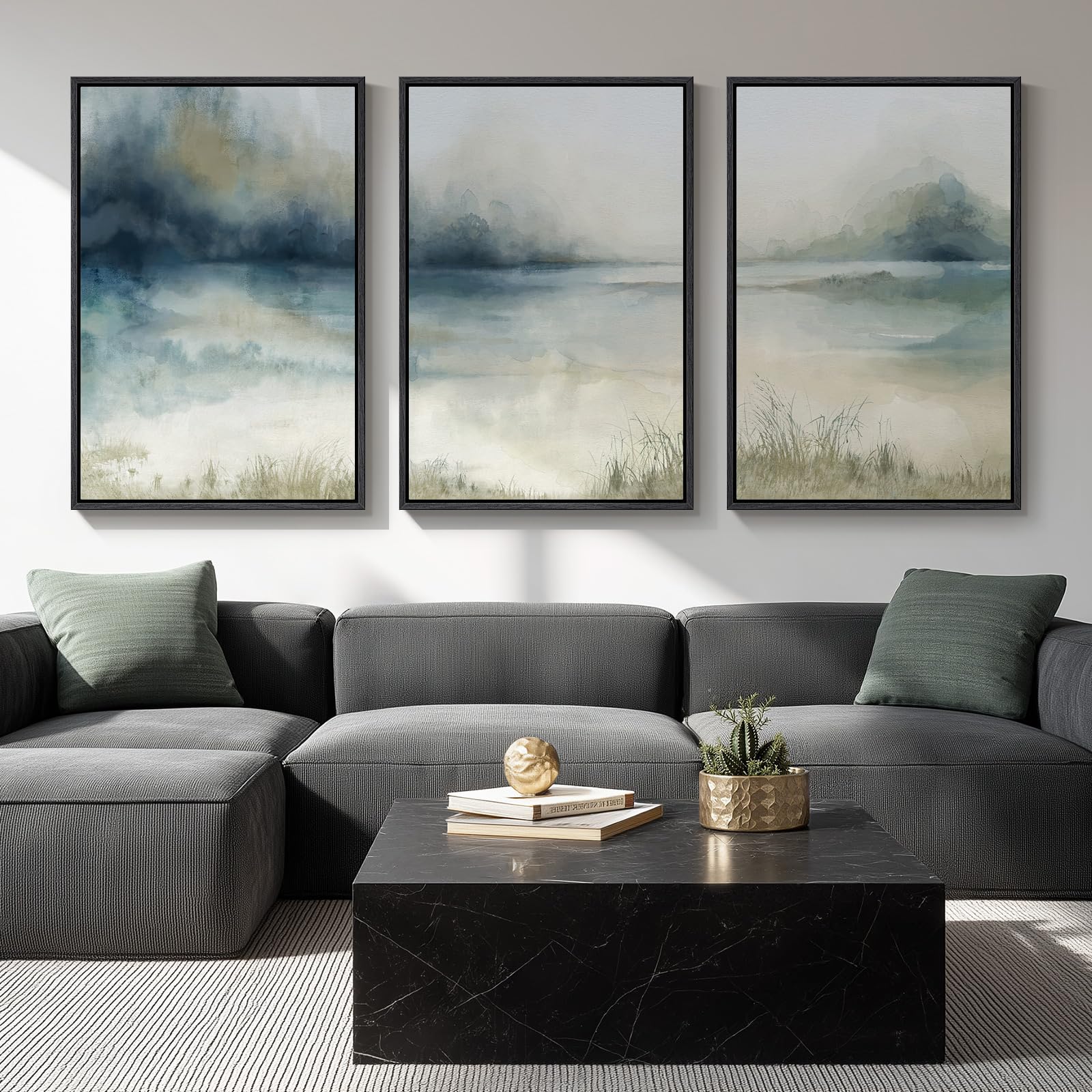 Large Framed Abstract Nature Landscape Wall Art for Living Room, 3 Piece Blue Watercolor Canvas Prints Paintings Artwork for Walls, Misty Lake