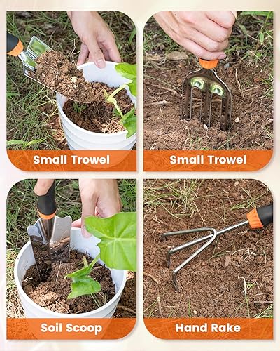 Miniatura 6 de Juego de herramientas de jardín de 9 piezas de acero inoxidable resistente, con agarre de goma antideslizante, bolsillo de almacenamiento, kit de