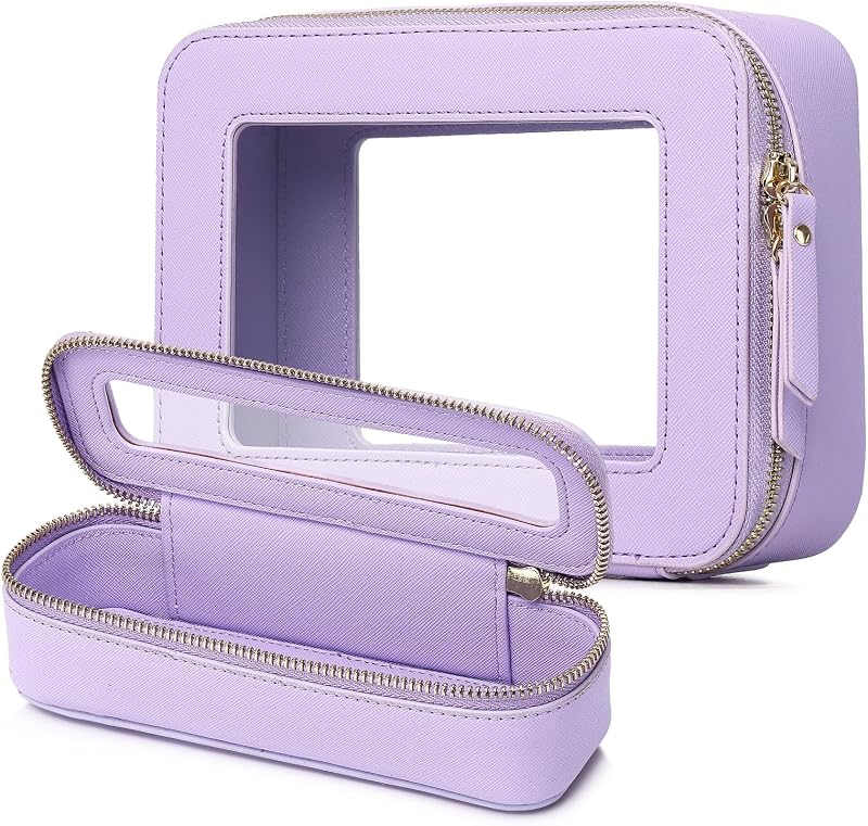 Pinkmik Necessaire de maquiagem transparente roxa com estojo slim para pincéis, Pacote com 2
