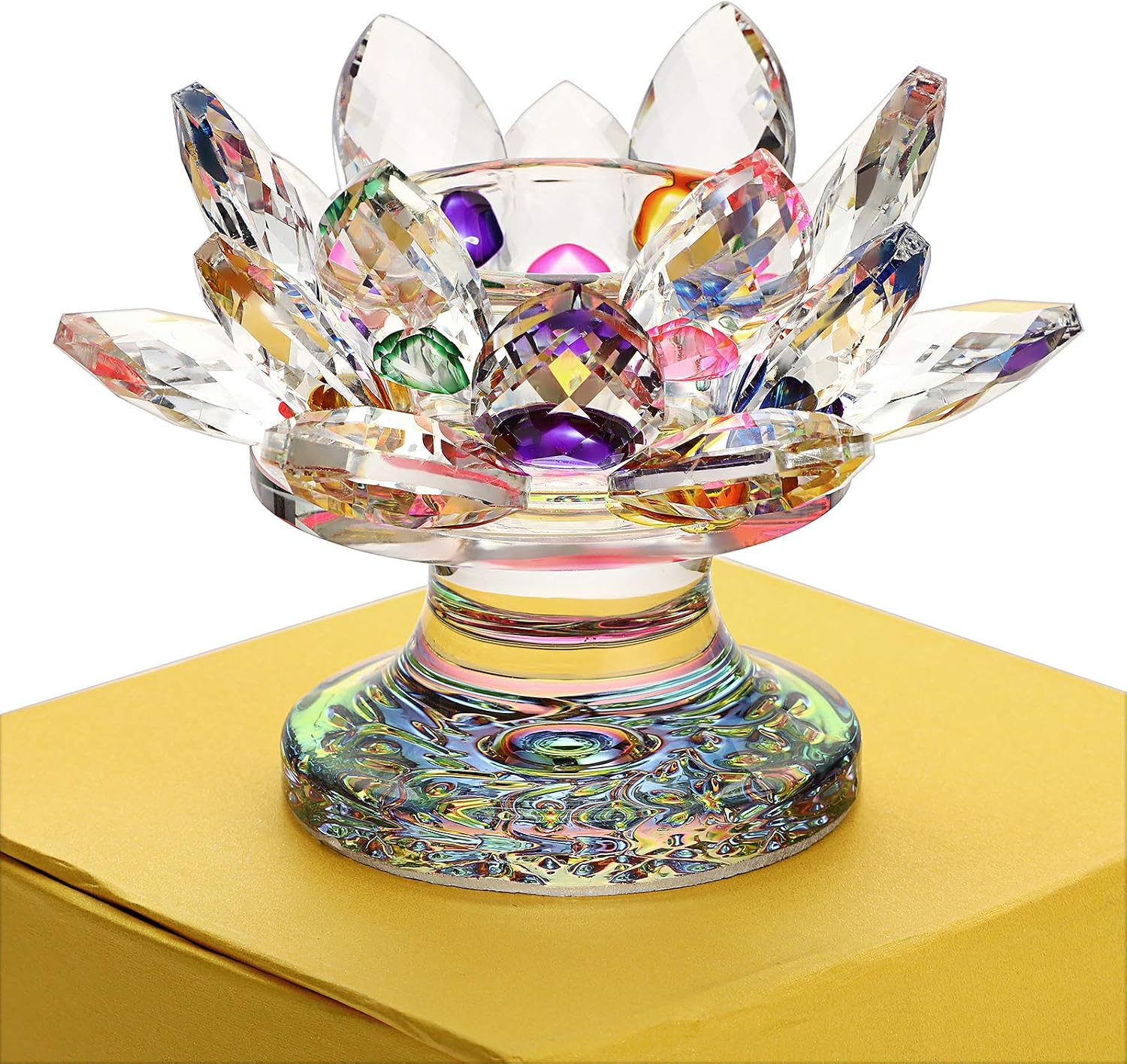 OwnMy Crystal Lotus Flower Tea Light Holder Lotus Candle Stand with Base