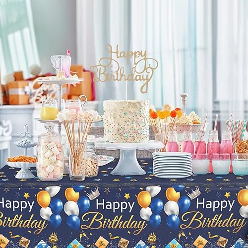 Miniatura 4 de FunHot Manteles de cumpleaños, decoración de cumpleaños azul marino y dorado, 2 piezas de 54 x 108 pulgadas, impermeables, rectangulares, para