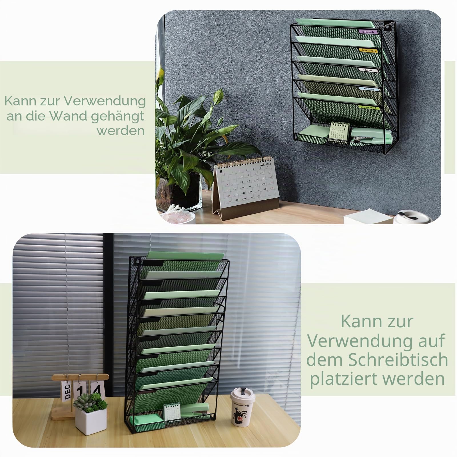 9-stöckiger Netz-Wand-Aktenhalter mit flacher Ablage unten, mittelgroßes Netz, vertikale Hängeregistratur-Organizer, Büro-Hängeregister, Zeitschriftenständer, Namensschild-Haken-Set inklusive, Schwarz