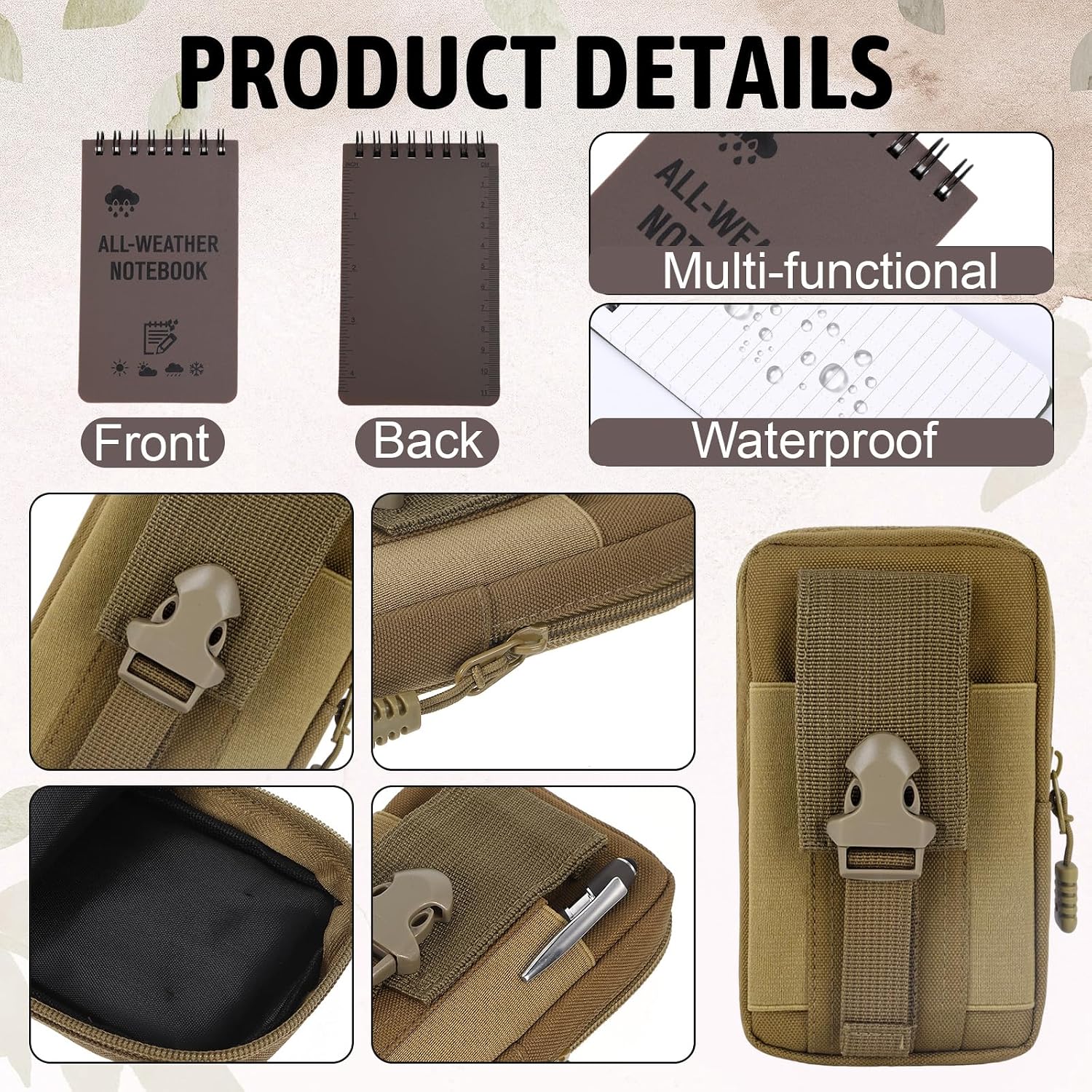 MveLwodx 7 Pcs Waterproof NotebookSets, 3 Waterproof Notepad with 3 All Weather Pen Military Gear and Fabric Notebook CoverWaterproof Notepad Army Gear, Pocket Notebook with Pen for Outdoor, Brown image 3
