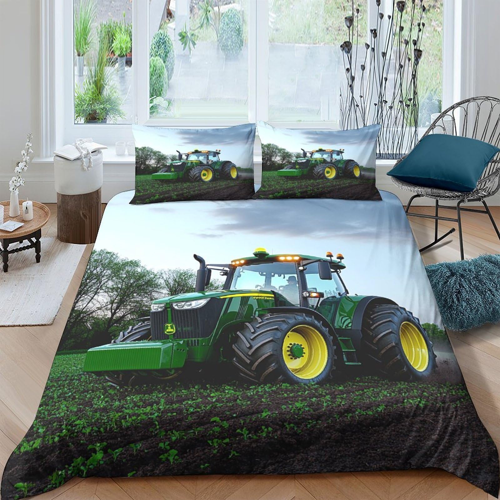 Ctjqhvkz Style-7 3D Printed Green Tractor Fitted Sheet Microfiber Soft Farm Landscape Bed Cover For Bedroom Dorm Mattress Protection Decor Single（135X200cm）