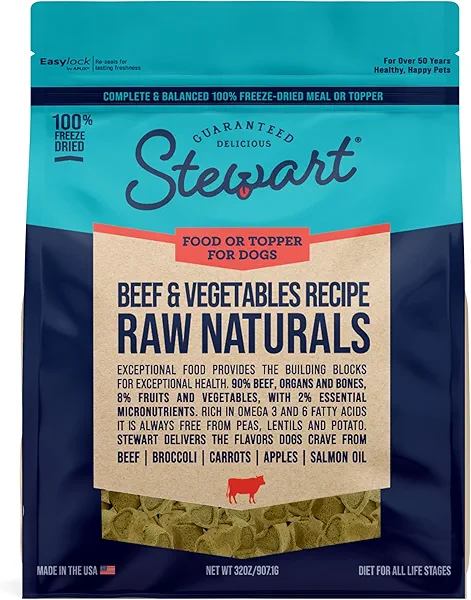 Stewart Raw Naturals Freeze Dried Raw Dog Food or Meal Topper, Beef & Vegetables Recipe, 32 Ounce Bag, Complete and Balanced Nutrition