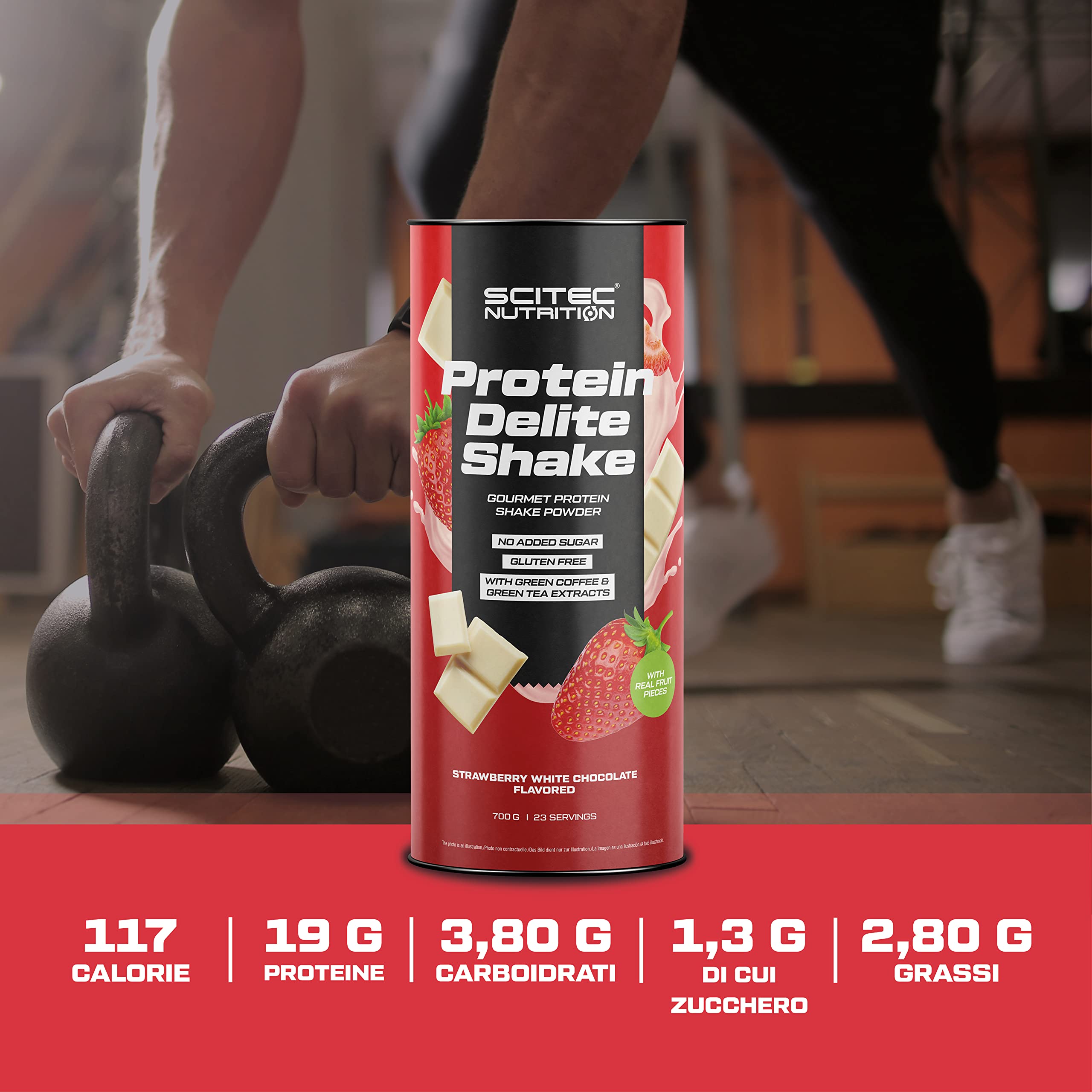 Scitec Nutrition Protein Delite Shake Bevanda proteica aromatizzata in polvere con pezzi di fragola liofilizzata, L-carnitina, estratto di caffè verde, 700 g, Cioccolato bianco alla fragola
