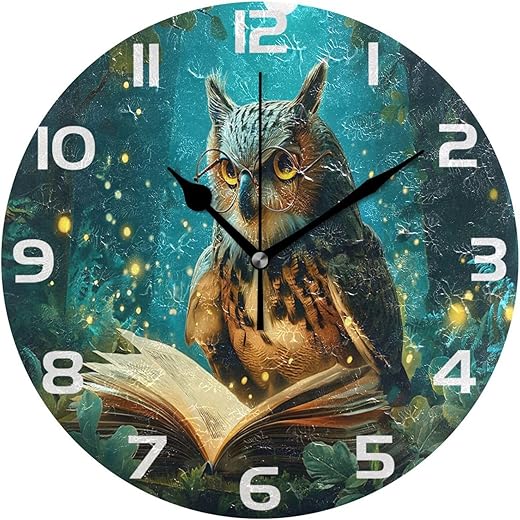 ALAZA Mysterious Owl Forest Wall Clock Non Ticking Decorative Desk Clock for Bedroom Kitchen Living Room School Office,Black