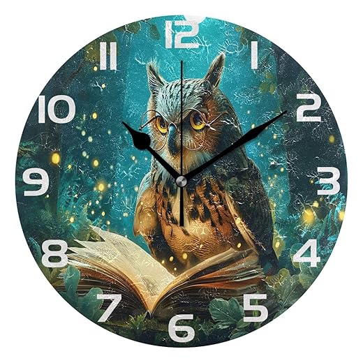 ALAZA Mysterious Owl Forest Wall Clock Non Ticking Decorative Desk Clock for Bedroom Kitchen Living