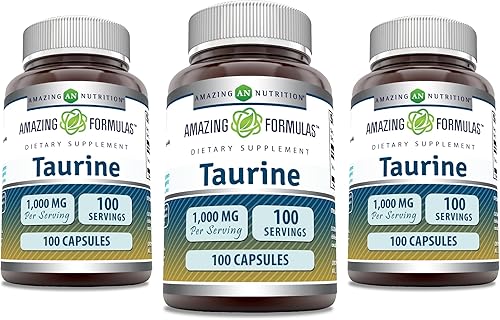 Amazing Formulas Suplemento de aminoácidos taurina  1000 mg por porción  100 cápsulas  Sin OMG  Sin gluten  Fabricado en Estados Unidos  Paquete de 3