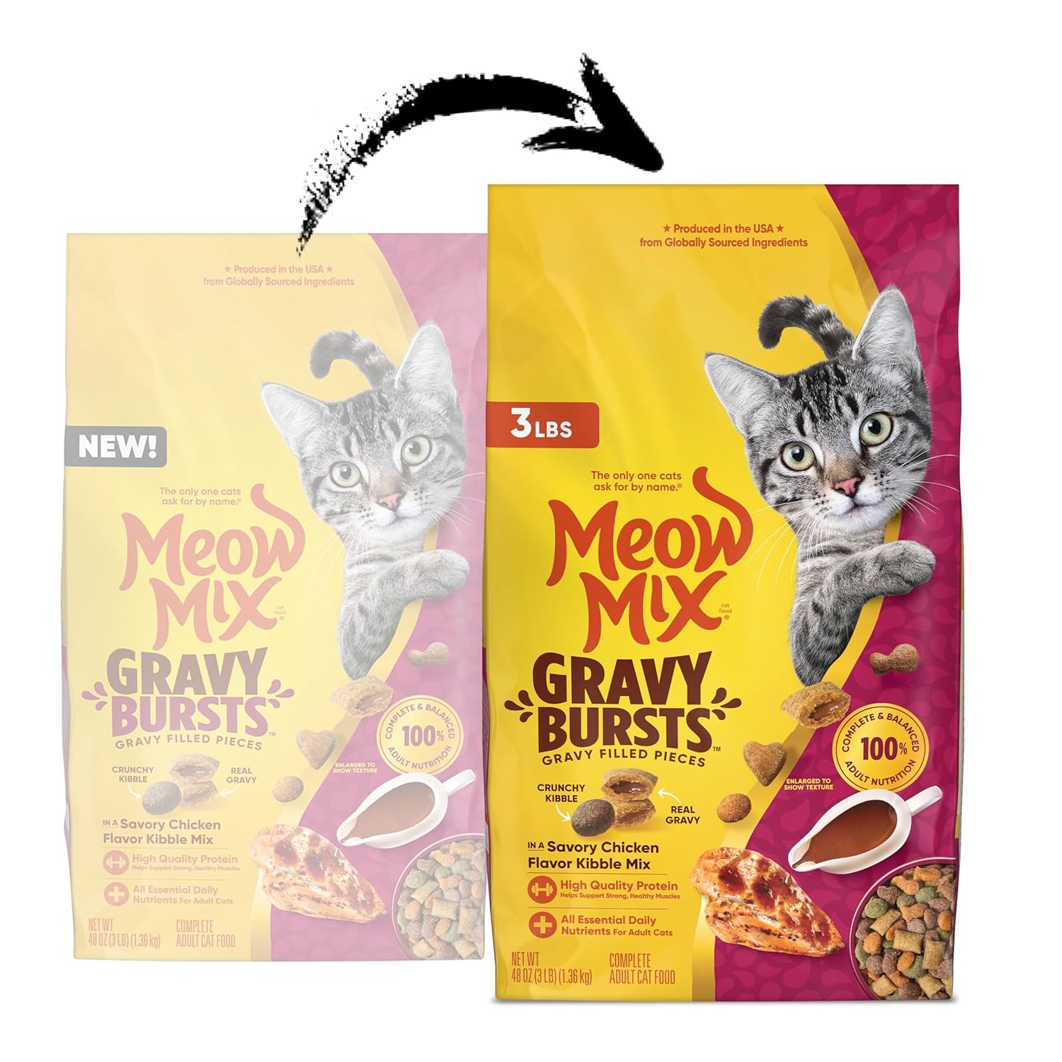 Happy Cat Next to Meow Mix Gravy Bursts Bag