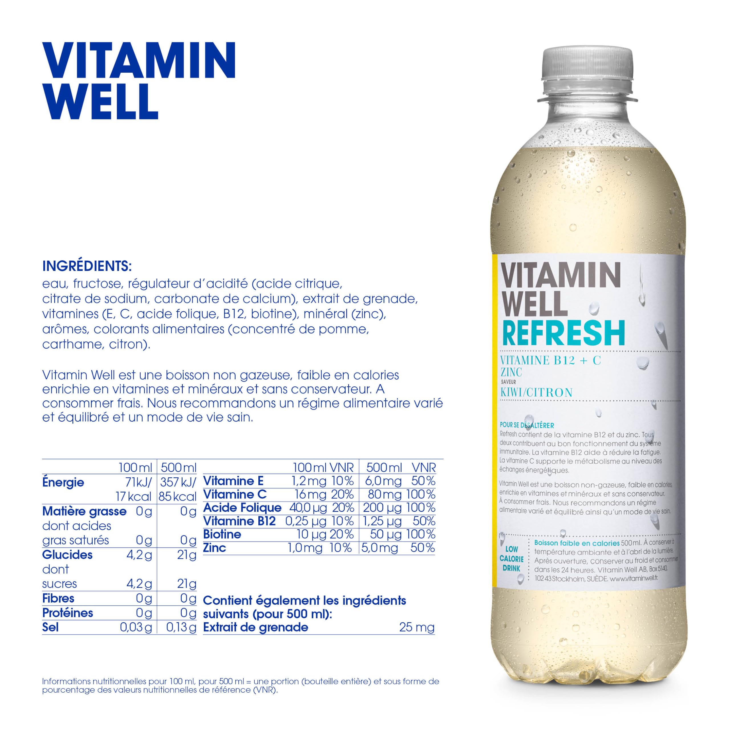 Vitamin Well - Boissons enrichies en vitamines et en minéraux goût kiwi, citron, 12x500ml (Refresh)