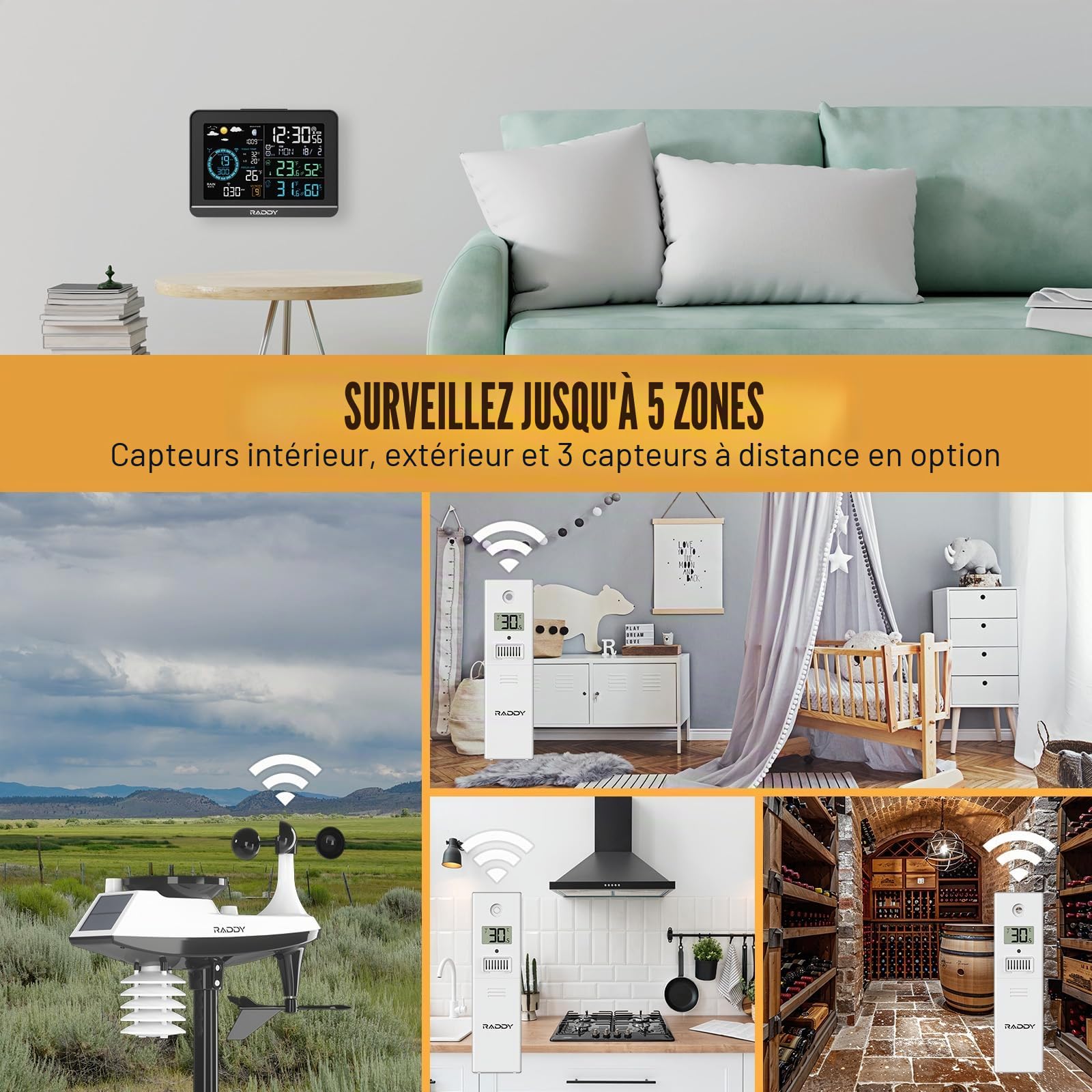 Raddy UV-6 avec Écran VA 6" et Capteur Extérieur Station Météo Professionnelle, Thermomètre Hygromètre Sans Fil Intérieur/Extérieur, Horloge Atomique, Indice UV et Lumineux, Anémomètre, Pluviomètre