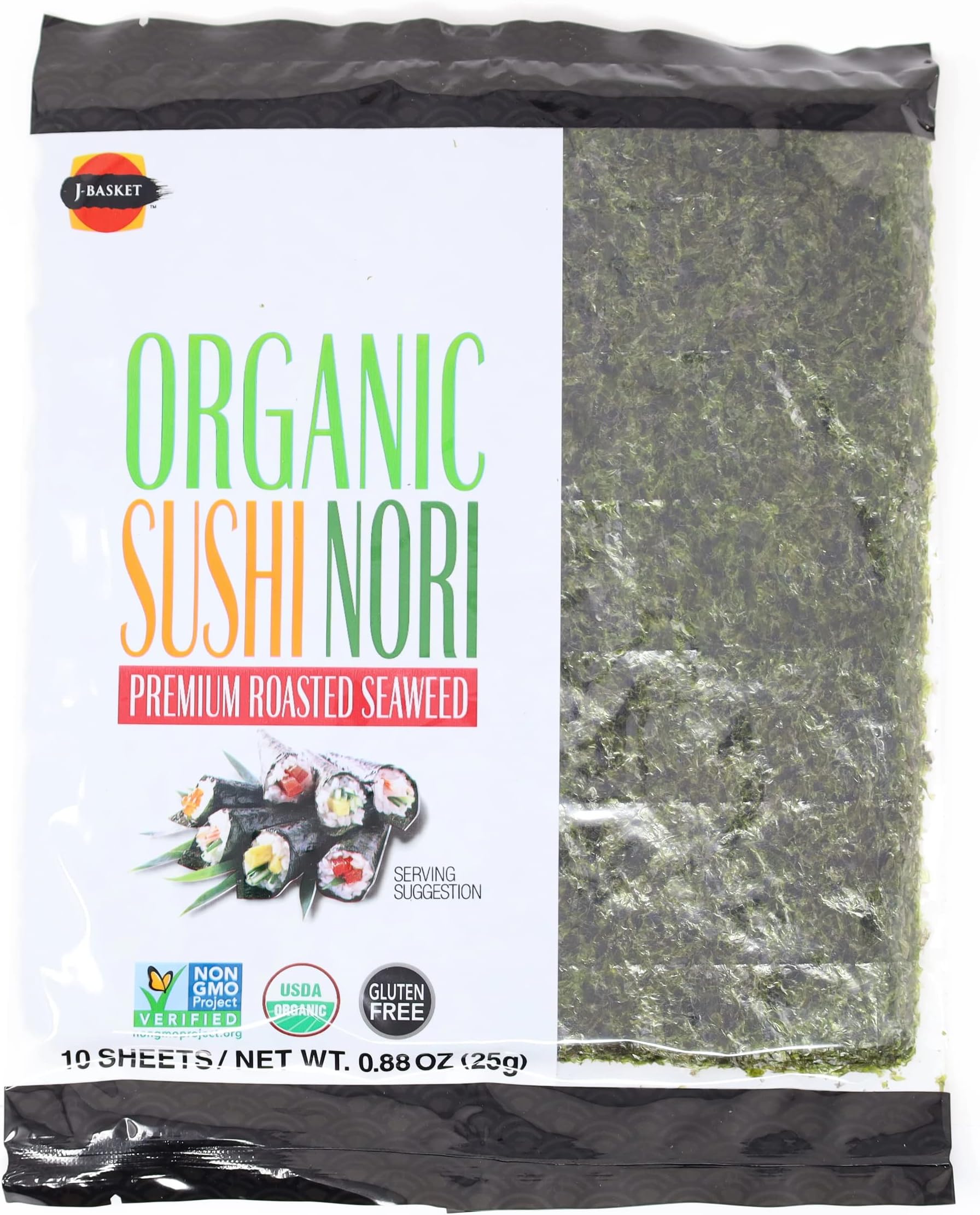 J-BASKET Organic Sushi Nori Premium Roasted Seaweed, 10 Sheets