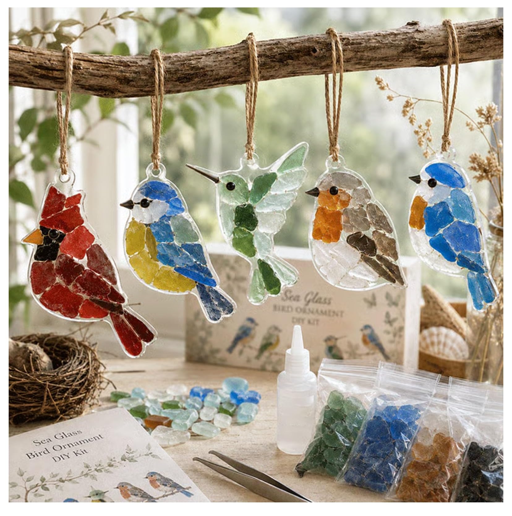 DIY Sea Glass Collage Kit, DIY Sea Glasses Hanging Ornament Art Kit, DIYs Seas Glass Animal DIYs Set, Bird Themed Ornaments, Handmade Window Hanging Decor Craft Set for Crafting Enthusiast (A01)