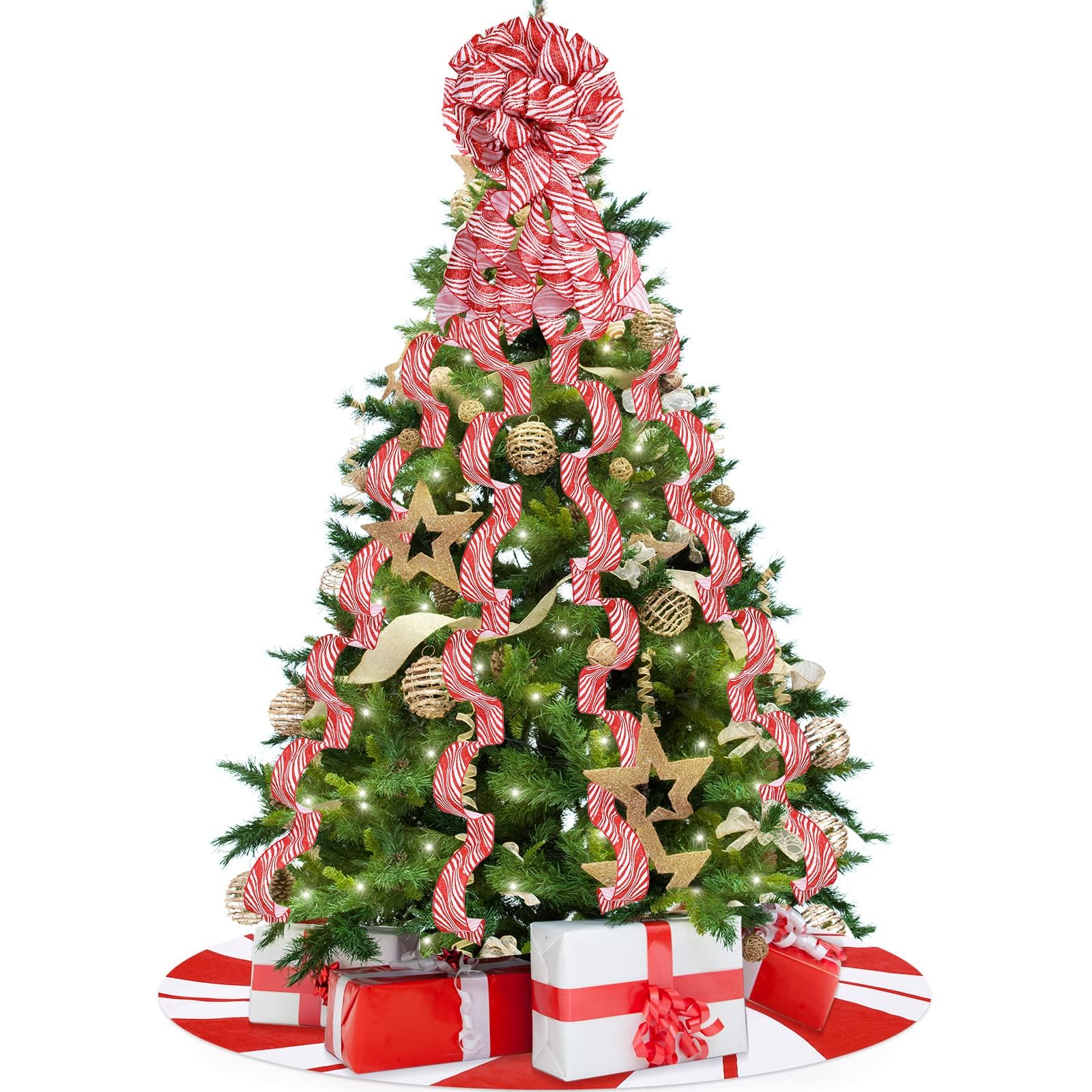 L'ensemble de décoration de sapin de Noël comprend un nœud pour cimier de sapin de Noël, un ruban à bandes décoratives, une jupe de sapin de Noël avec anneau annuel pour ferme, couronne, décorations