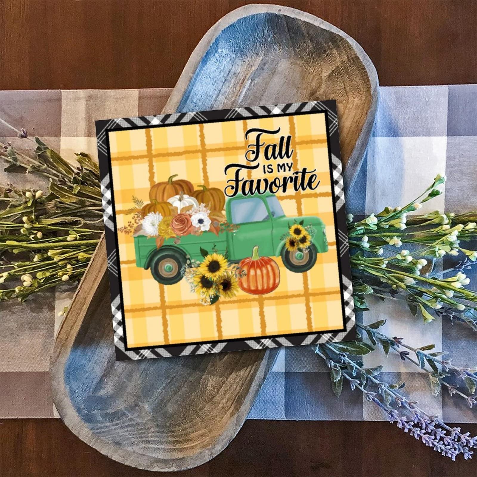 Plaque en bois citrouille de 30cm avec camion vert vintage et motifs de tournesols